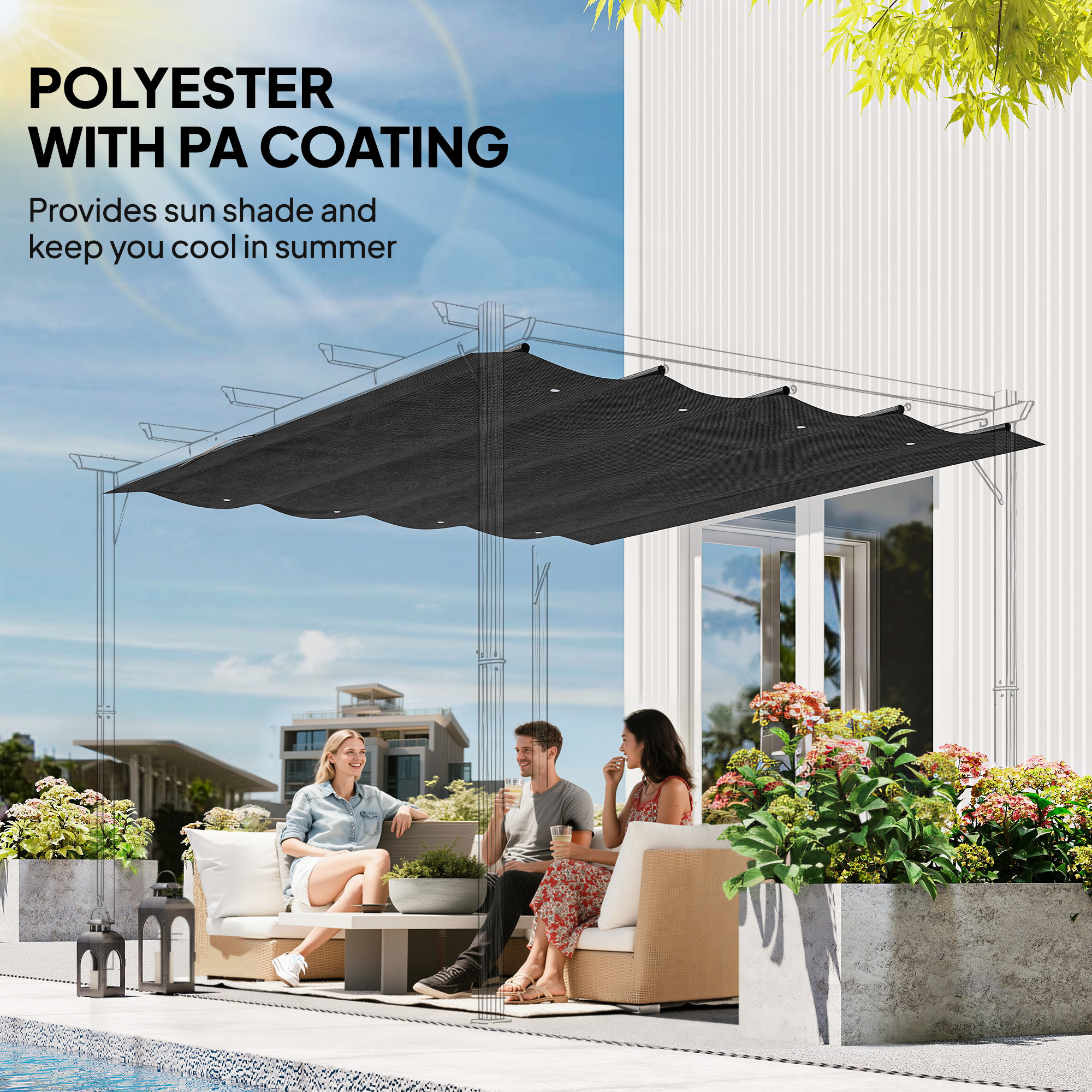 Pergola Cover Roof, 2.86 X 2.45 M Retractable Sun Shade Top For 3 X 2m Frame — image 2