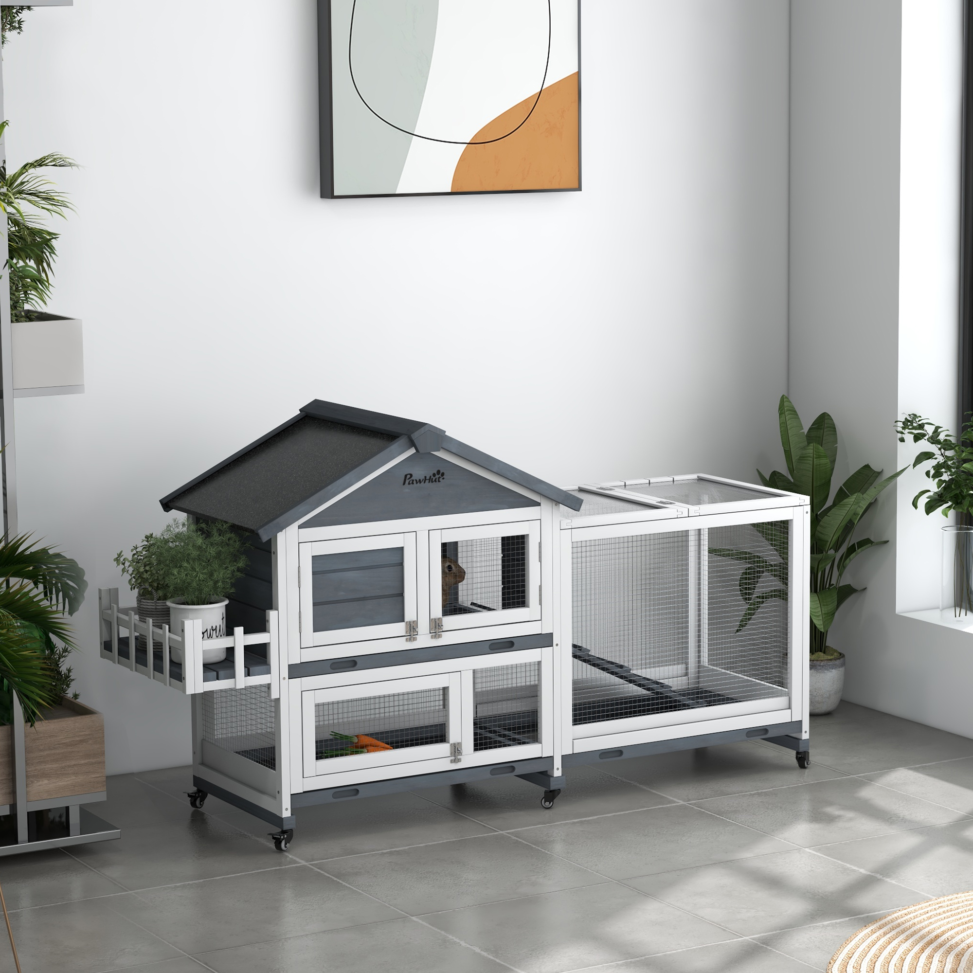  65" Wooden Rabbit Hutch, Pet Playpen with Openable Roof & Storage Box for Rabbits and Small Animals, Gray