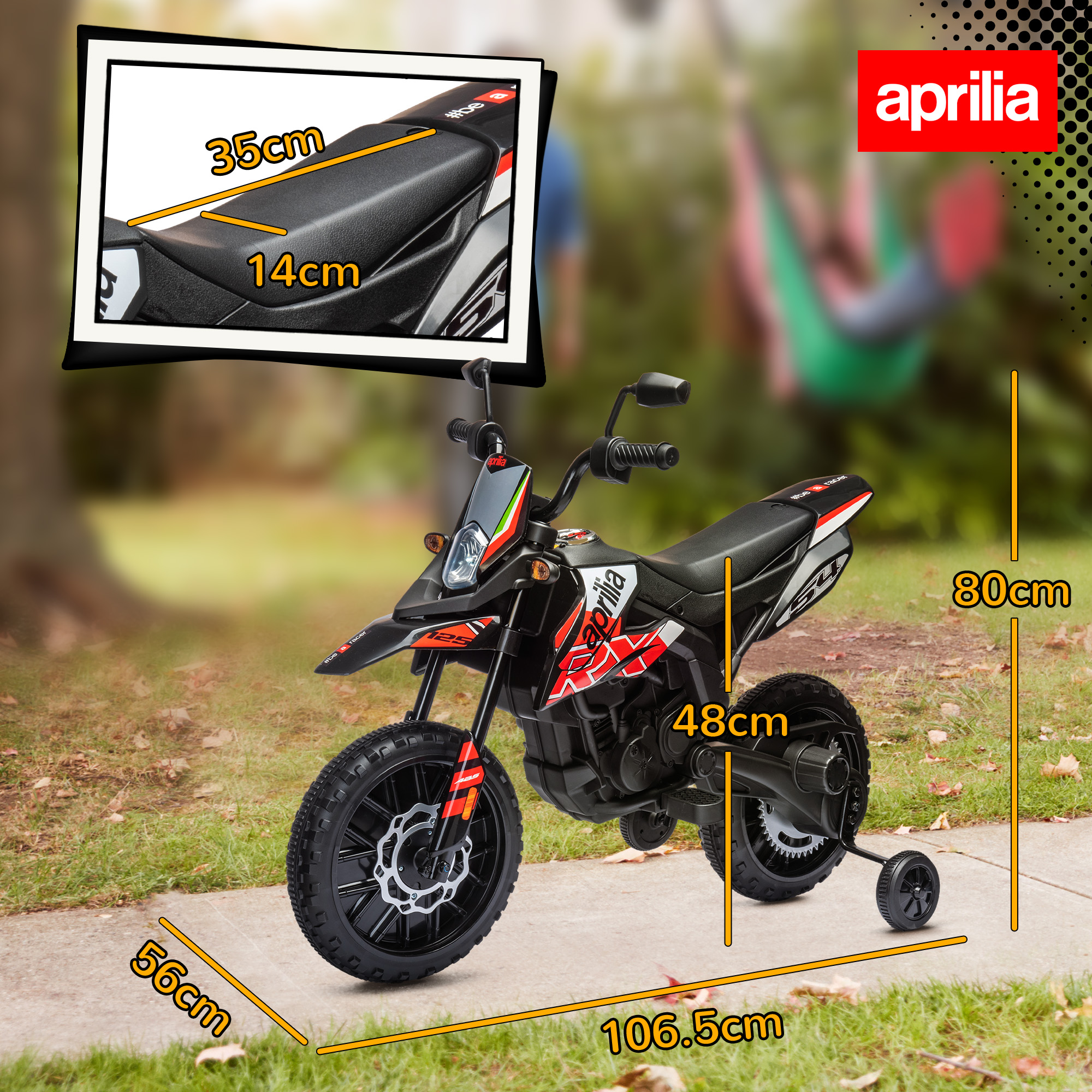 12V Aprilia Licensed Kids Motorbike With Training Wheels, Spring Suspension — image 2