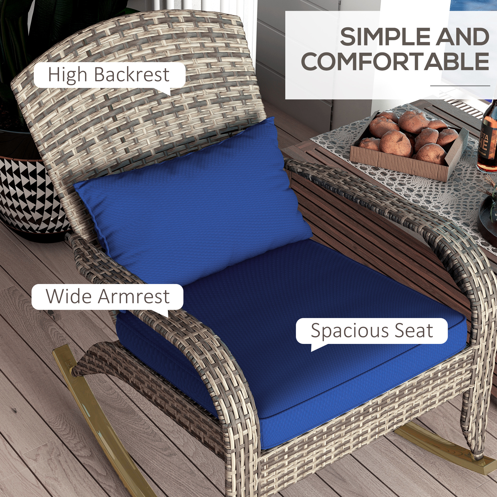  Adirondack Chair, Outdoor Wicker Rocking Chair with High Back, Seat Cushion, and Pillow for Porch, Balcony, Dark Blue