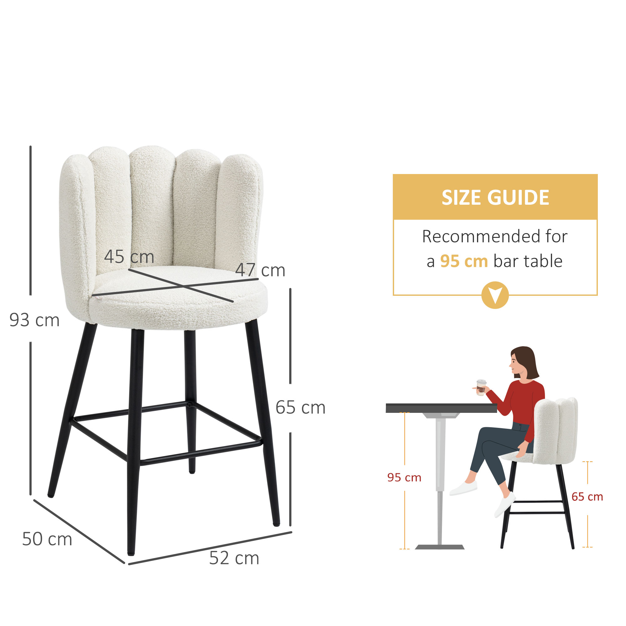 Bar Stools Set Of 2, Modern Boucle Upholstered Shell Barstools, Breakfast