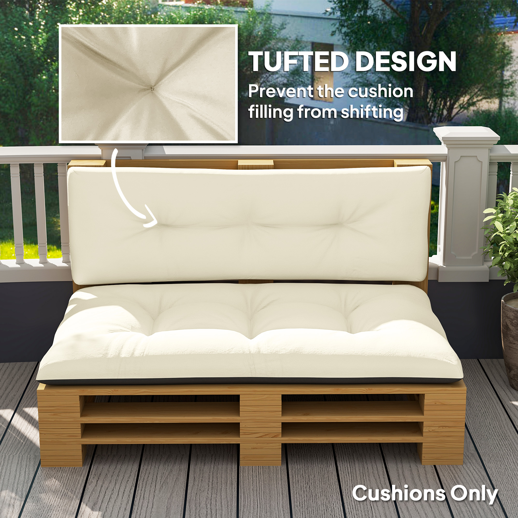 2 Seater Pallet Cushions Outdoor 3.9″ Thick Replacement Cushions – Tufted Design for Garden, Patio, Cream White