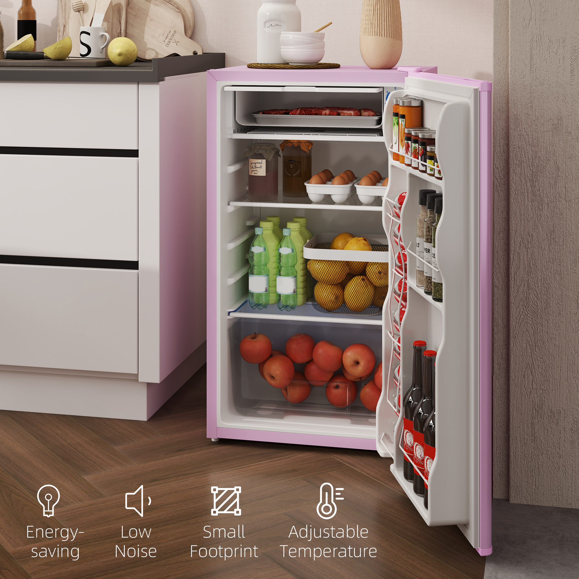  3.2 Cu.Ft Mini Fridge with Freezer, Single Door Compact Refrigerator with Adjustable Thermostat, Reversible Door, Pink