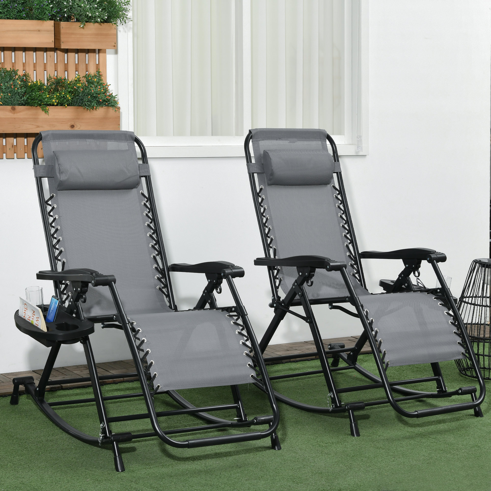  2 Outdoor Rocking Chairs Foldable Reclining Zero Gravity Lounge Rockers w/ Pillow Cup & Phone Holder, Gray