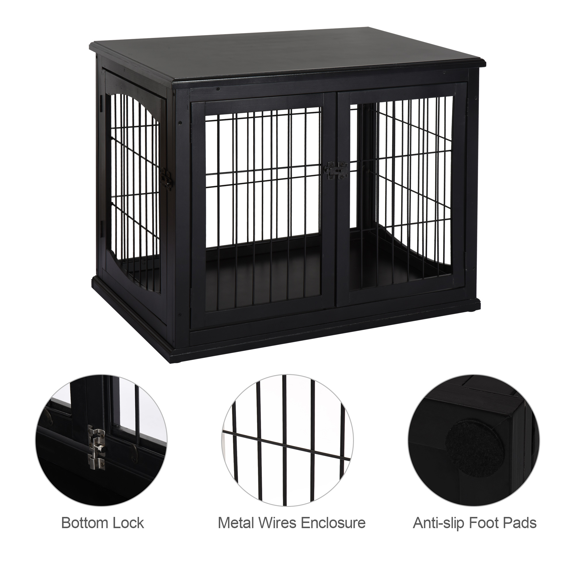  Dog Crate Furniture, 32" Small Dog Cage End Table with 2 Doors, Lockable Door, Puppy Kennel Indoor, Black