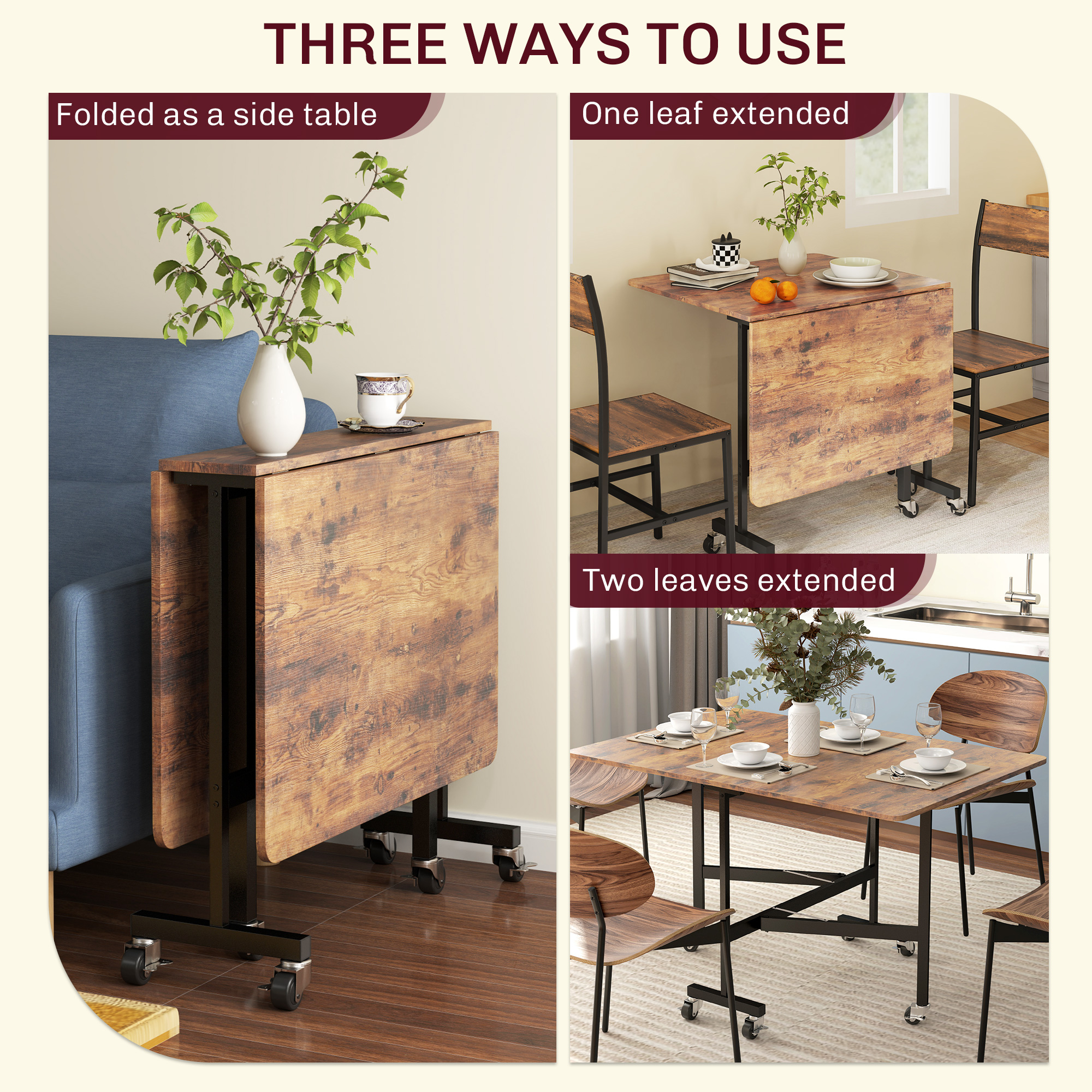 Six-Seater Drop-Leaf Dining Table, With Wheels - Brown Wood-Effect — image 3