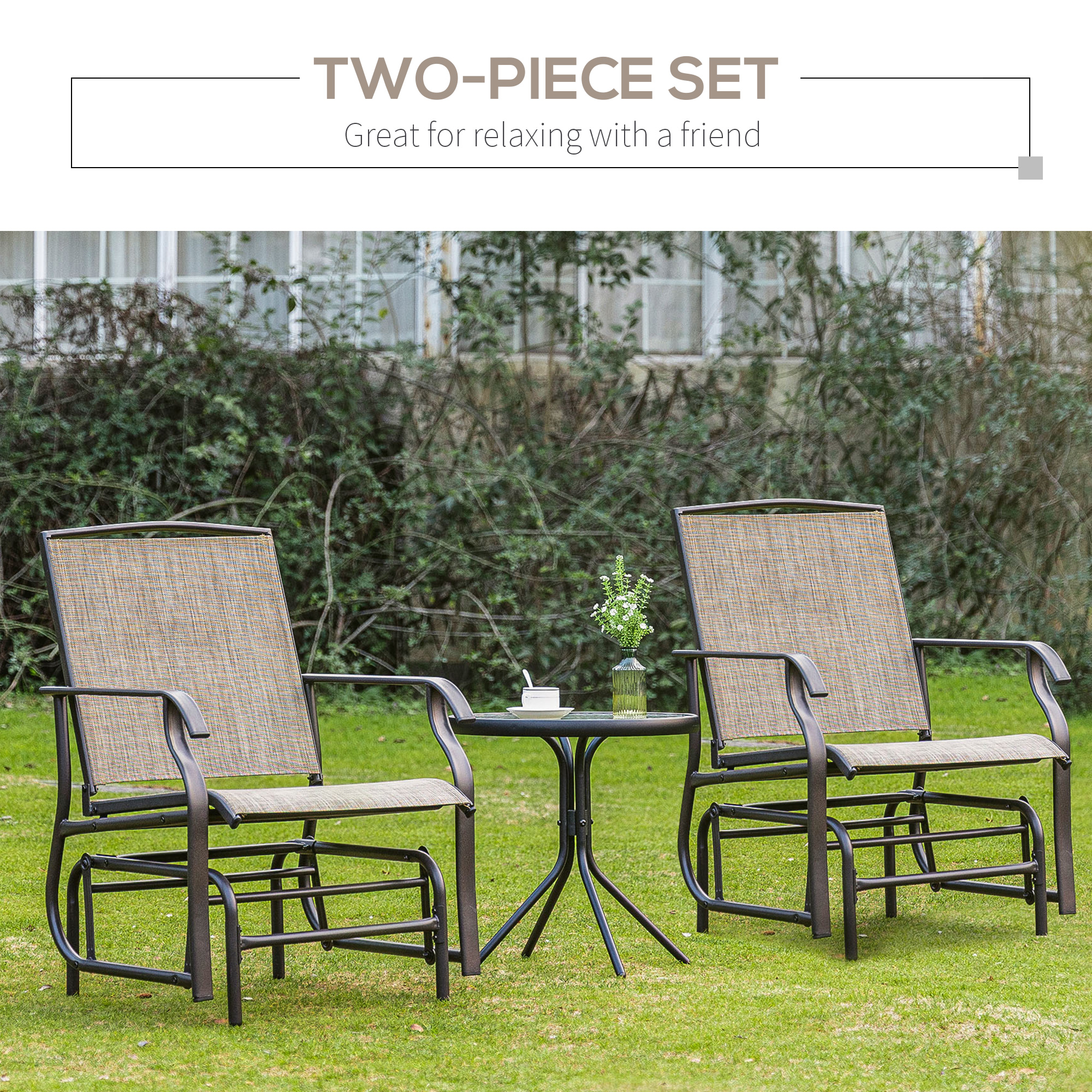 2 Piece Glider Set, Outdoor Swing Chairs, Patio Rocking Armchairs with Breathable Mesh Fabric, Steel Frame for Garden, Backyard, Patio, Dark, Brown/Khaki