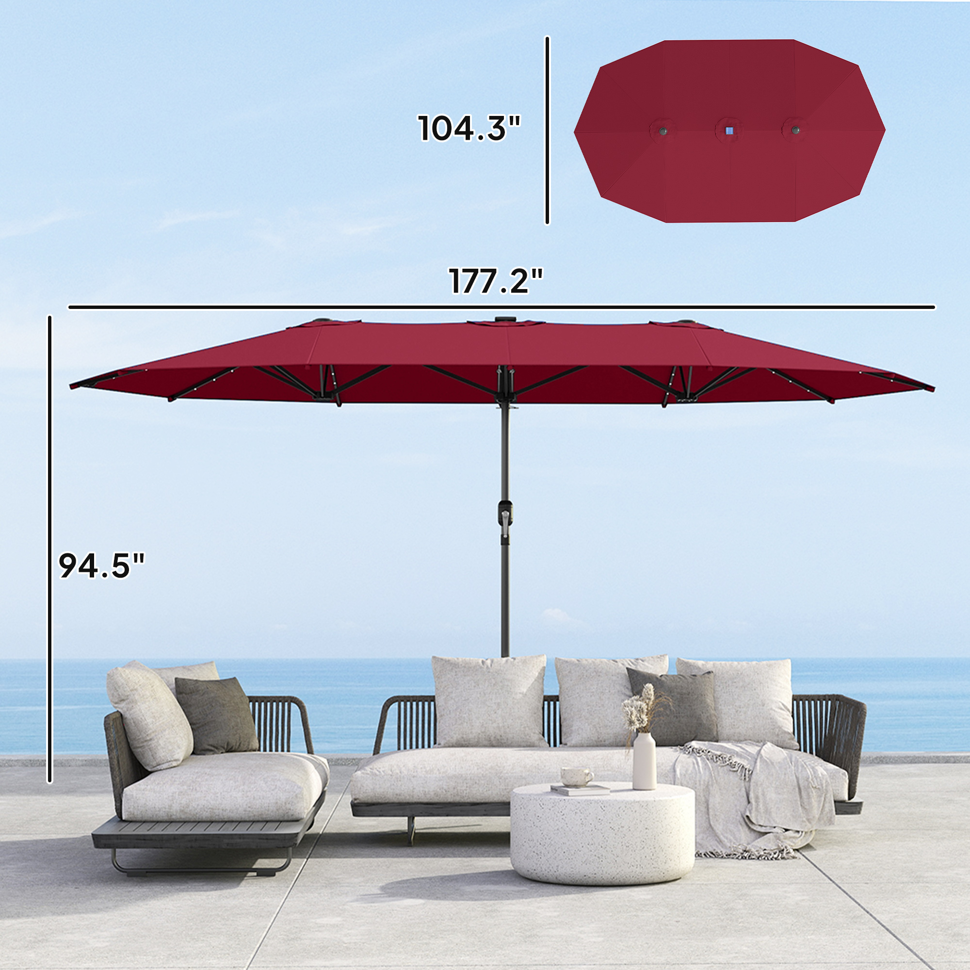 Garden Parasol, Double-Sided Sun Umbrella with LED Solar Lights, Patio Parasol for Outdoor, Wine Red - 3