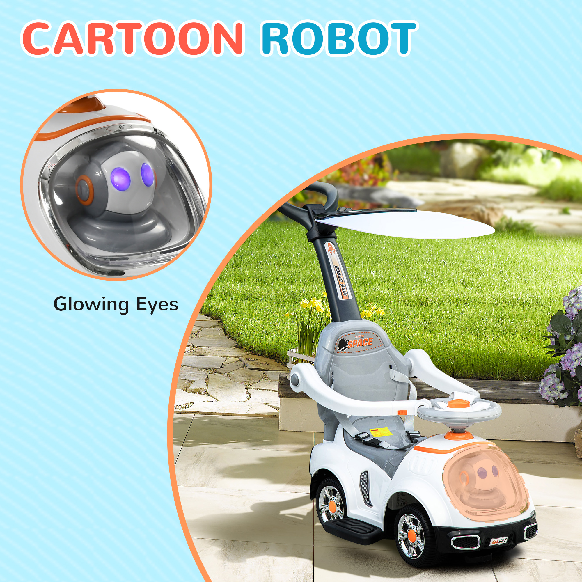 3 In 1 Ride On Push Car, Cartoon Robot Theme Foot To Floor Slider W Handle — image 2