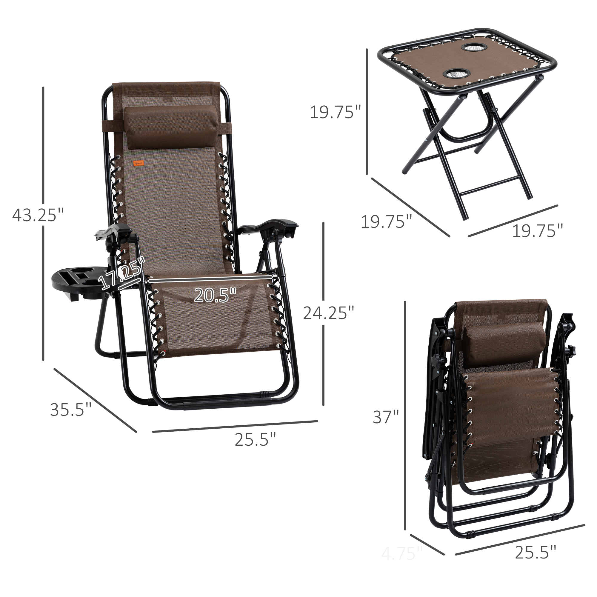  Zero Gravity Chair Set with Side Table, Folding Reclining Chair with Cupholders & Pillows, Adjustable Lounge Chairs for Pool, Backyard, Lawn, Beach, Brown
