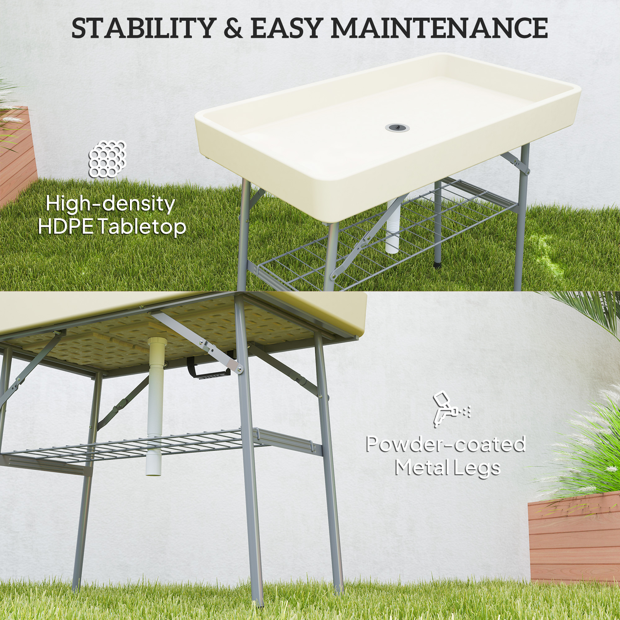 3.4ft Folding Ice Cooler Table with Drain, Fill and Chill Table Outdoor Table Cooler with Storage Shelf, Drink Cooler for Parties Picnic BBQ Camping Wedding, Tan