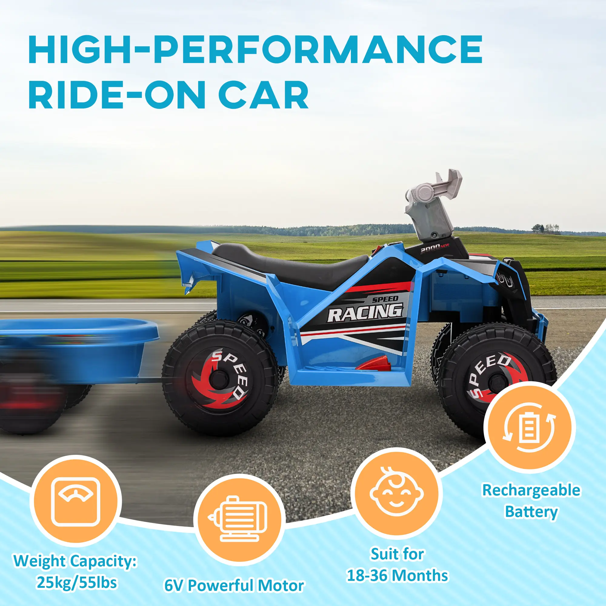 6V Electric Toy Car with Back Trailer, Forward Backward, Wear-Resistant Wheels for Ages 18-36 Months, Blue