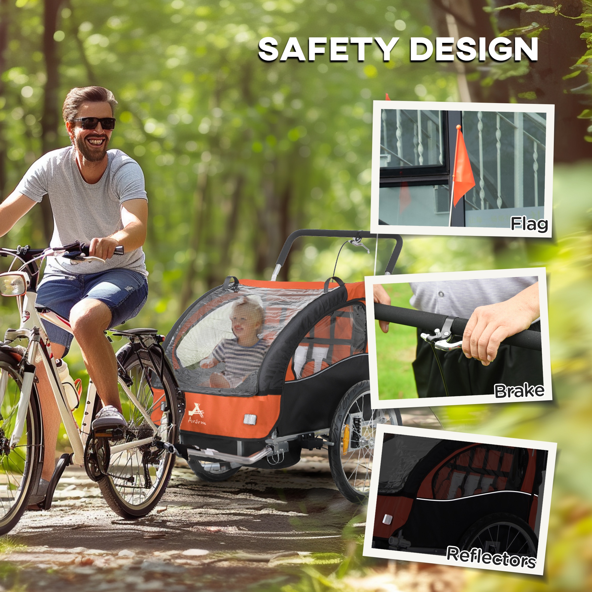 2-Seat Elite 360 Swivel Bike Trailer for Kids Bicycle Cargo Trailer with Water-Resistant Windows, Black and Orange