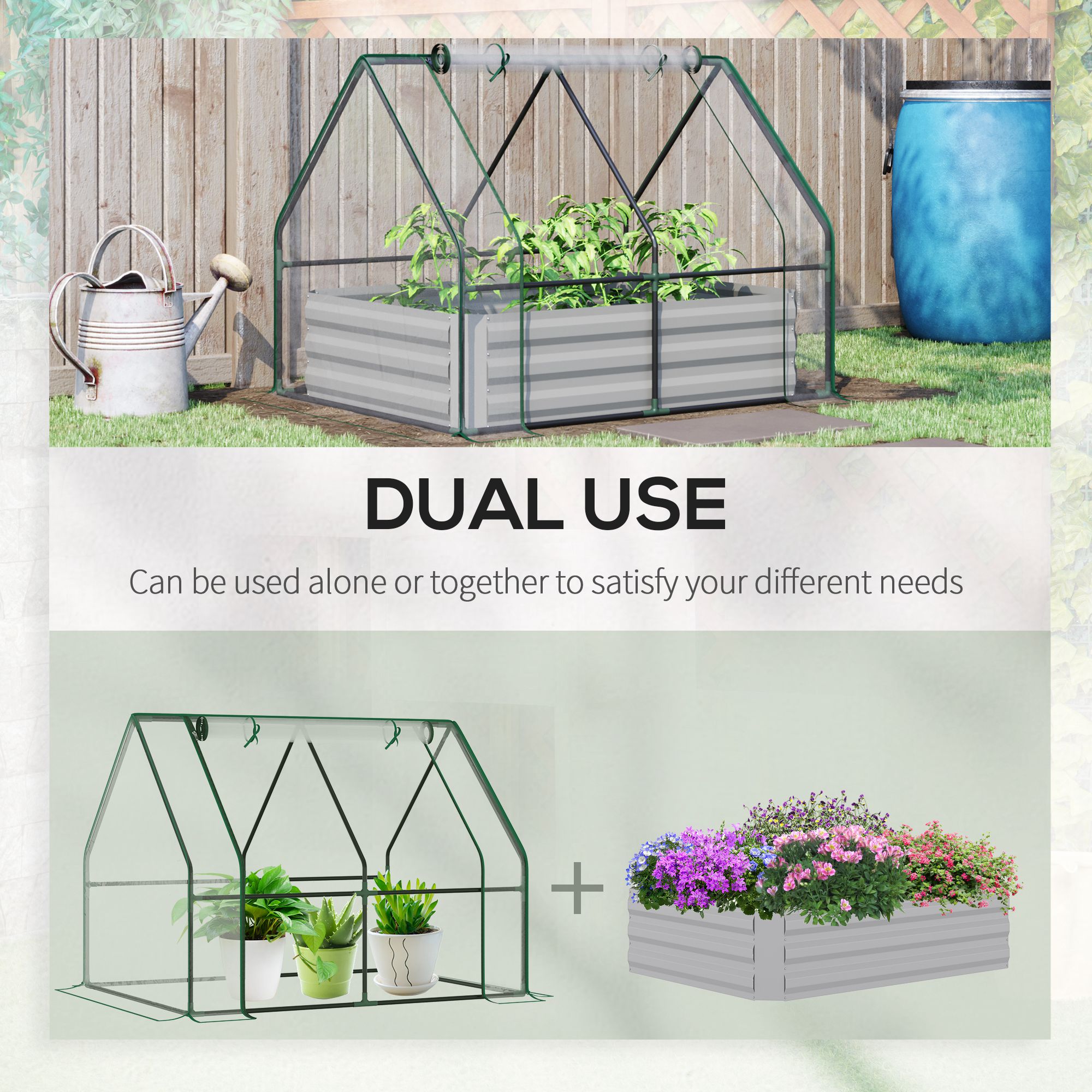 Raised Garden Bed with Cover, Outdoor Galvanized Metal Planter Box Kit, 4 x 3 ft Mini Greenhouse with 2 Large Screen Windows, for Growing Flowers, Vegetables and Herbs, Clear image 3