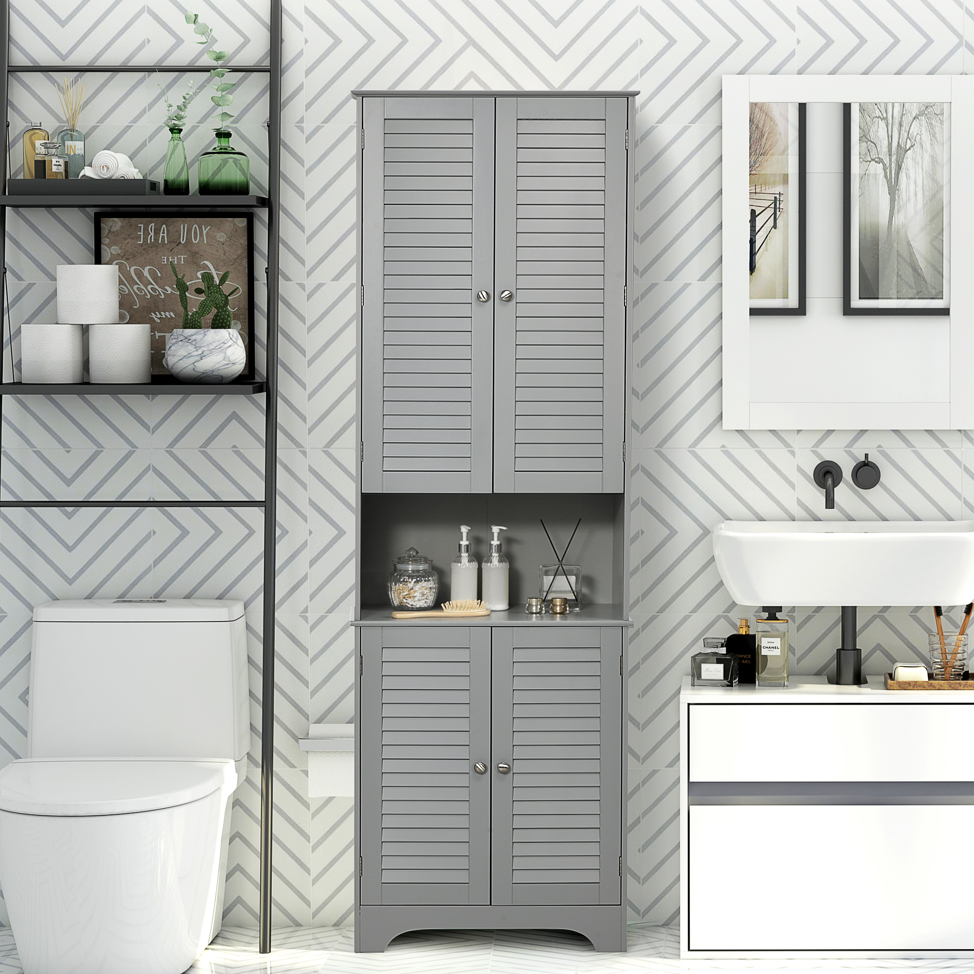  Tall Narrow Bathroom Storage Cabinet with Doors and Shelf Adjustability, Freestanding Linen Cabinet with 2 Cabinets and Countertop, Gray