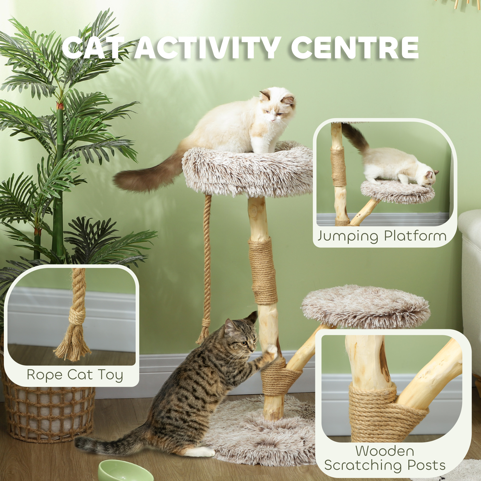  35 Inch Modern Cat Tree for Indoor Adult Cats with Wooden Scratching Posts, Cat Bed & Rope Cat Toy, Brown