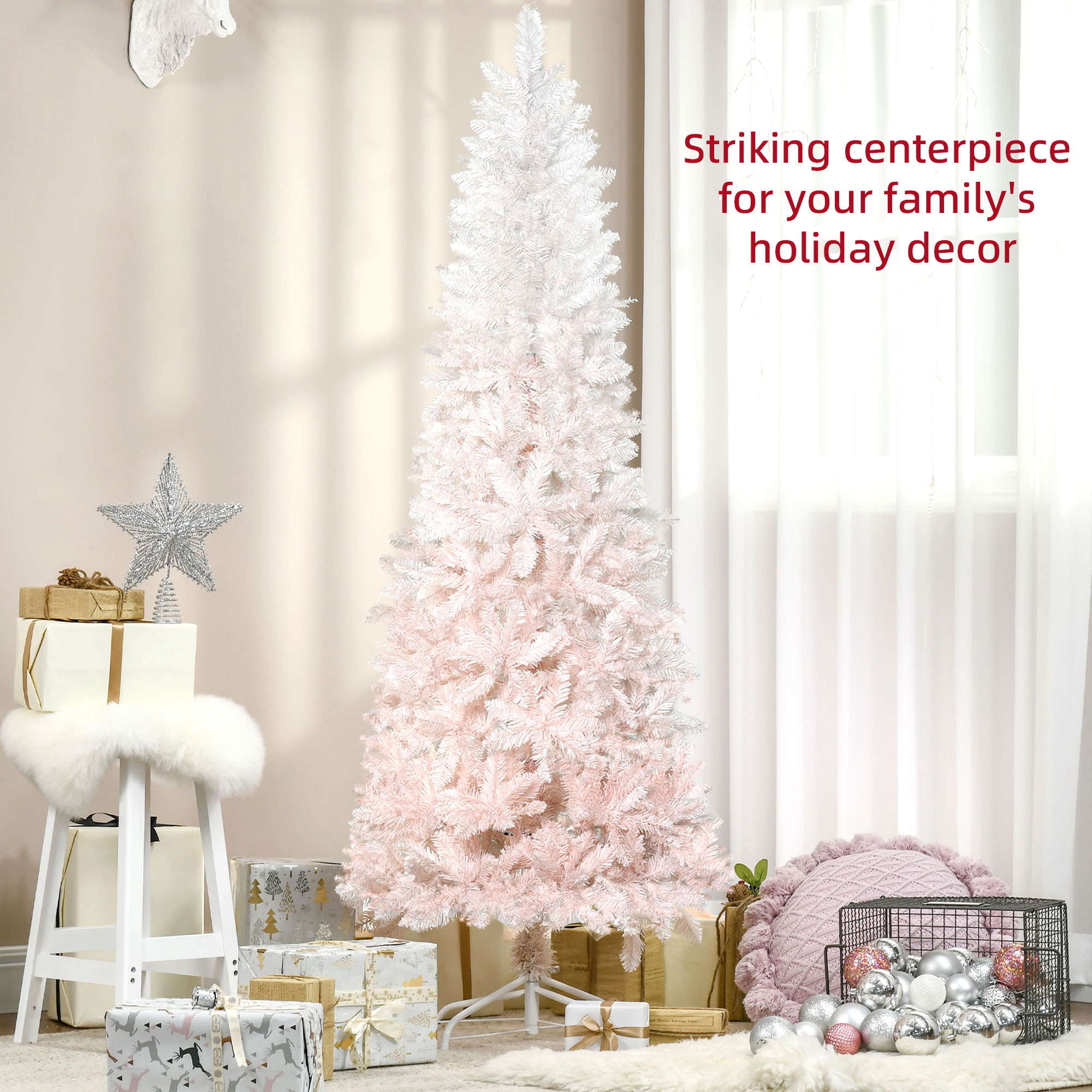  6' Tall Unlit Pencil Fir Artificial Christmas Tree with Realistic Branches and Steel Base, Pink and White