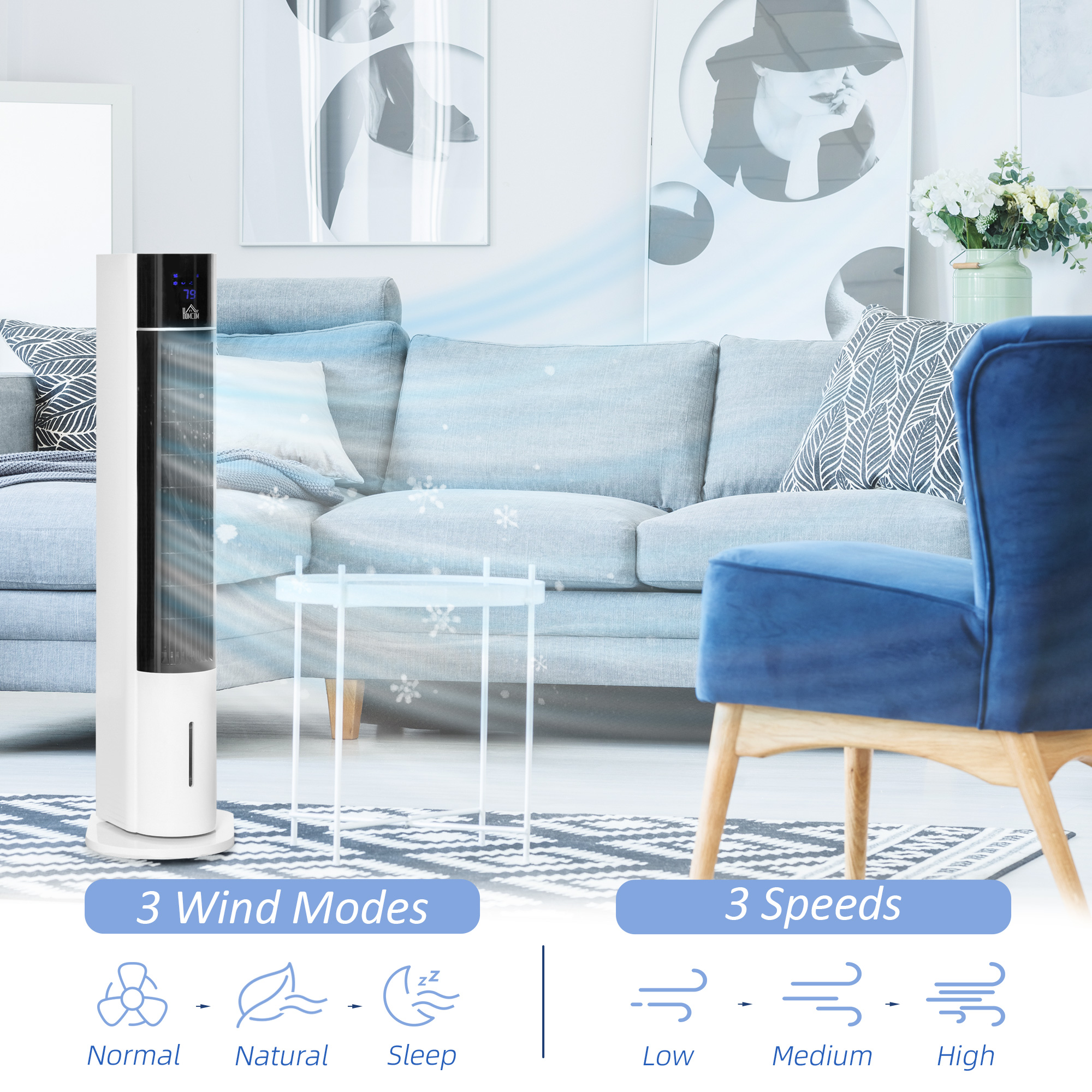  42" 3-In-1 Evaporative Air Cooler with Water Tank, 52° Oscillating Portable Swamp Cooler with Humidifier, Ice Cooling Fan for Home Office, 3 Modes, 3 Speeds, 12H Timer, Remote, White