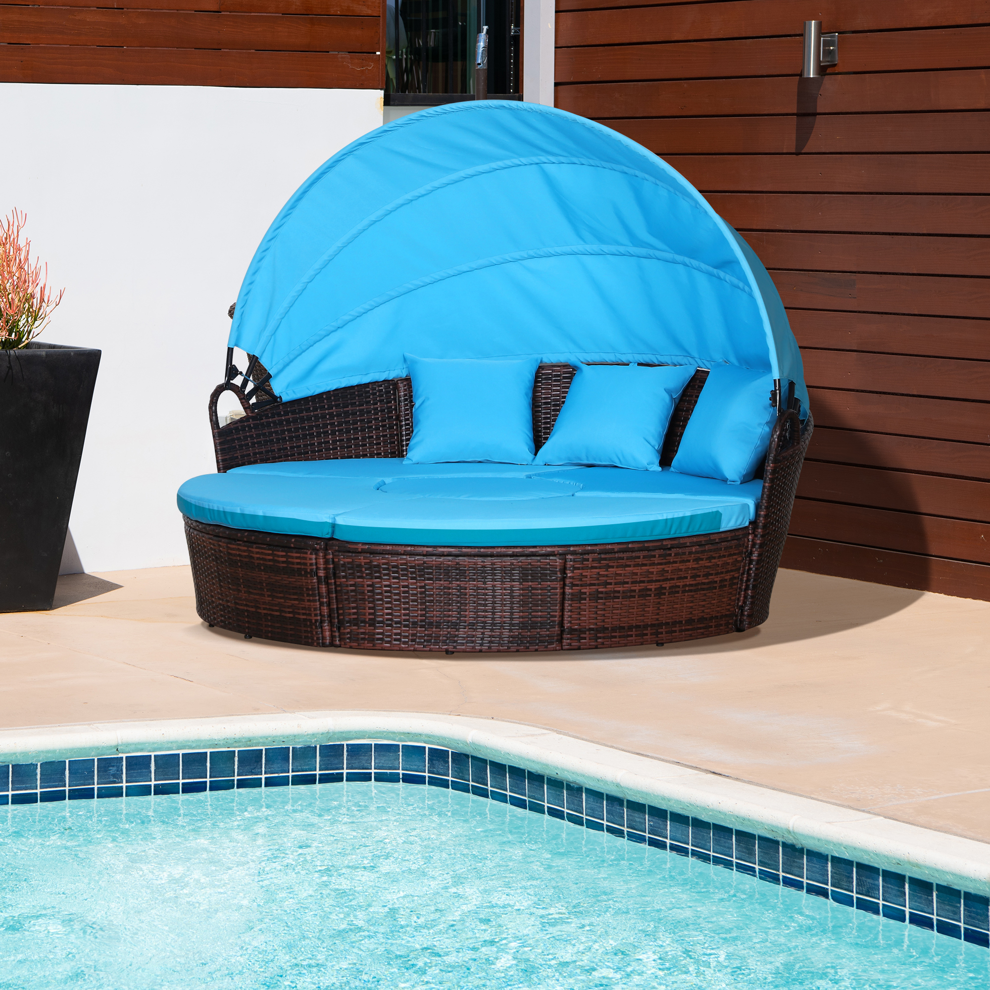  4-Piece Round Convertible Daybed with Cushions, Outdoor PE Rattan Patio Wicker Sofa Set, Sunbed with Adjustable Sun Canopy, Sectional Sofa, 2 Chairs, Table, 3 Pillows, Blue