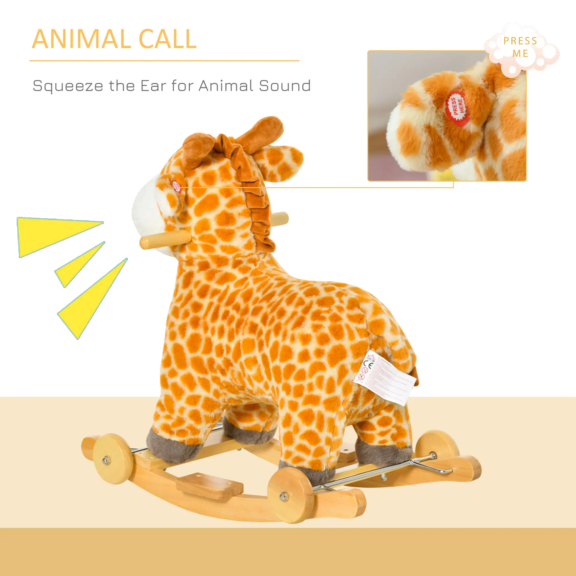Rocking Horse, 2 in 1 Kids Ride on Horse, Rolling Giraffe Animal Rocker with Sound, Wooden Base, Pedal, Grip Handle, Plush Riding Pony for 3-6 Years Old, Yellow