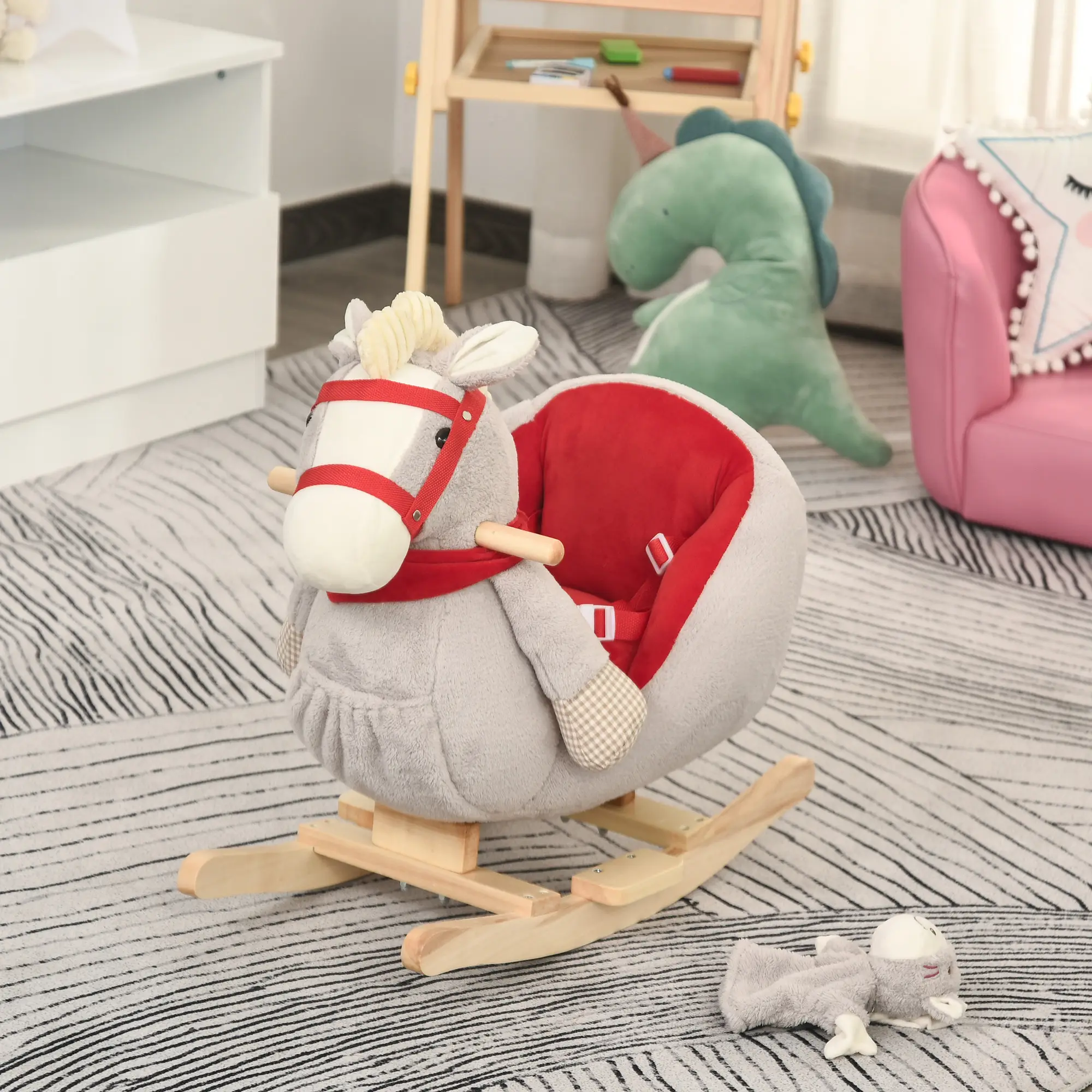 Kids Ride-On Rocking Horse Toy, Rocker with Lullaby Song, Hand Puppets & Soft Plush Fabric for Children 18-36 Months, Gray