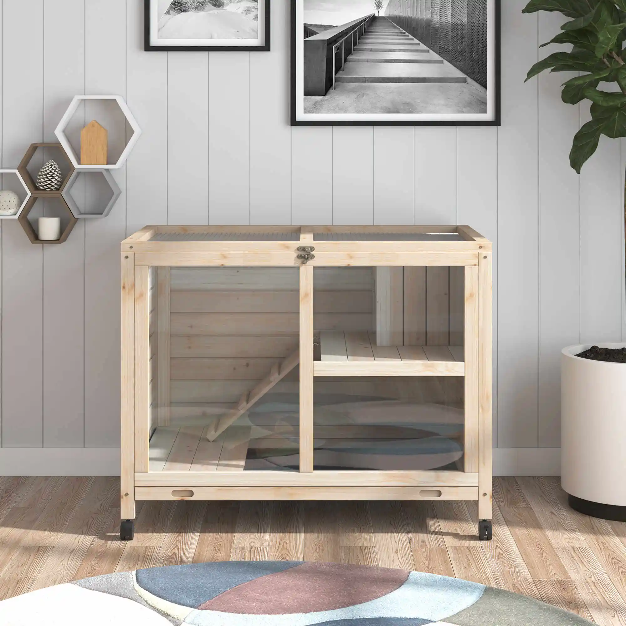 Rabbit Hutch with Wheels, Desk and Side Table Sized, Wooden Rabbit Cage, Waterproof Small Bunny Cage with Removable Tray, Openable Roof, for Rabbits, Chickens, 