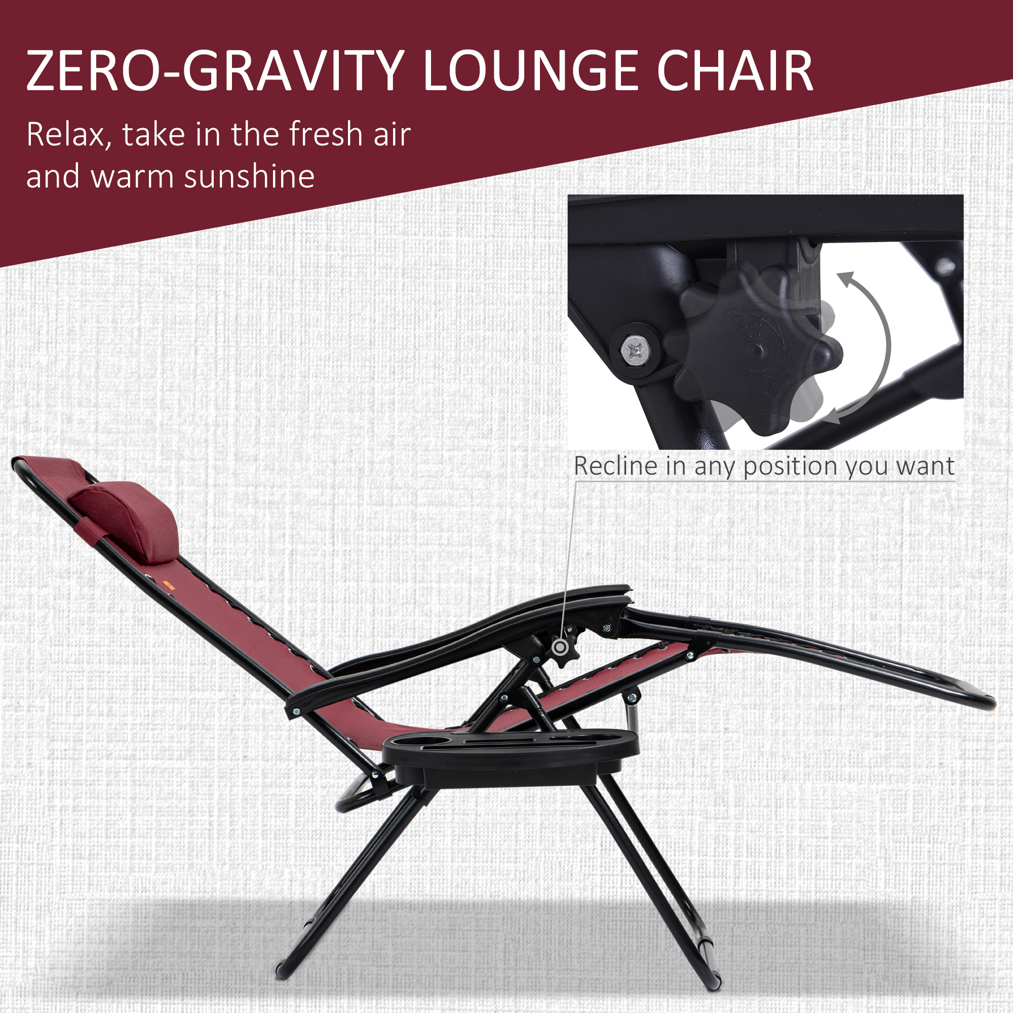  Zero Gravity Chair Set with Side Table, Folding Reclining Chair with Cupholders & Pillows, Adjustable Lounge Chairs for Pool, Backyard, Lawn, Beach, Wine Red