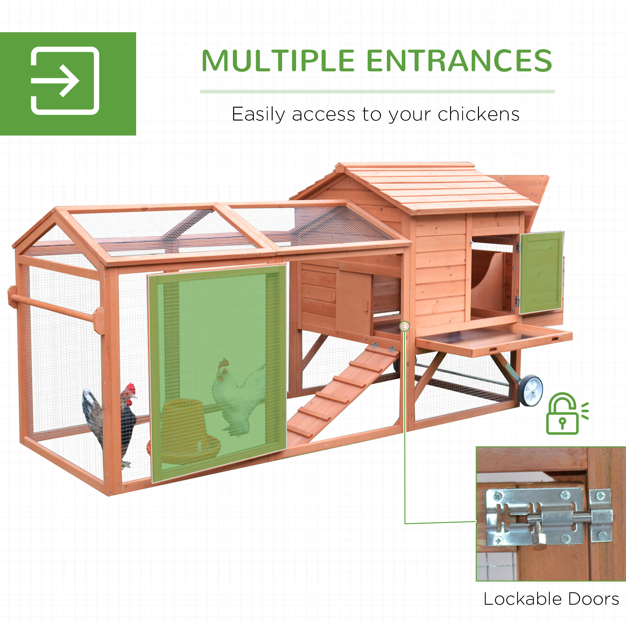  96.5" Chicken Coop Wooden Hen House Poultry Cage Pen Portable with Wheels and Nesting Box, Chicken Cage for Backyard Outdoor, Natural