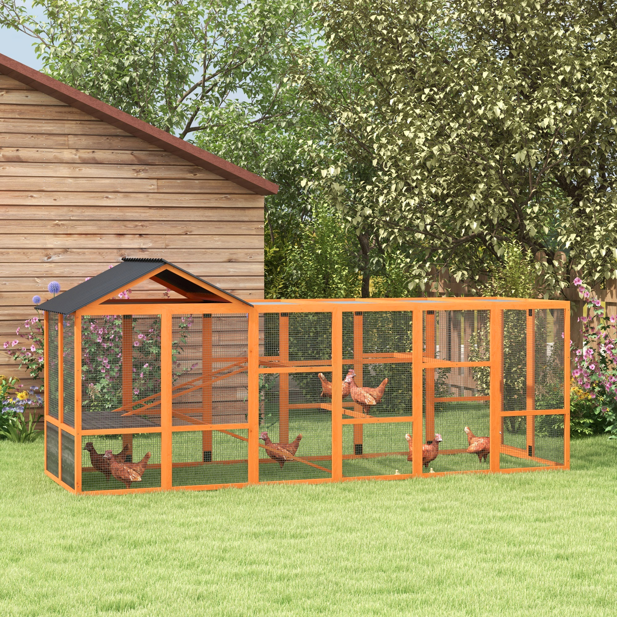  Wooden Chicken Coop Run for 6 - 10 Chickens, Hen House Add-On with Storage, Perches, 141.75" x 48" x 61", Orange