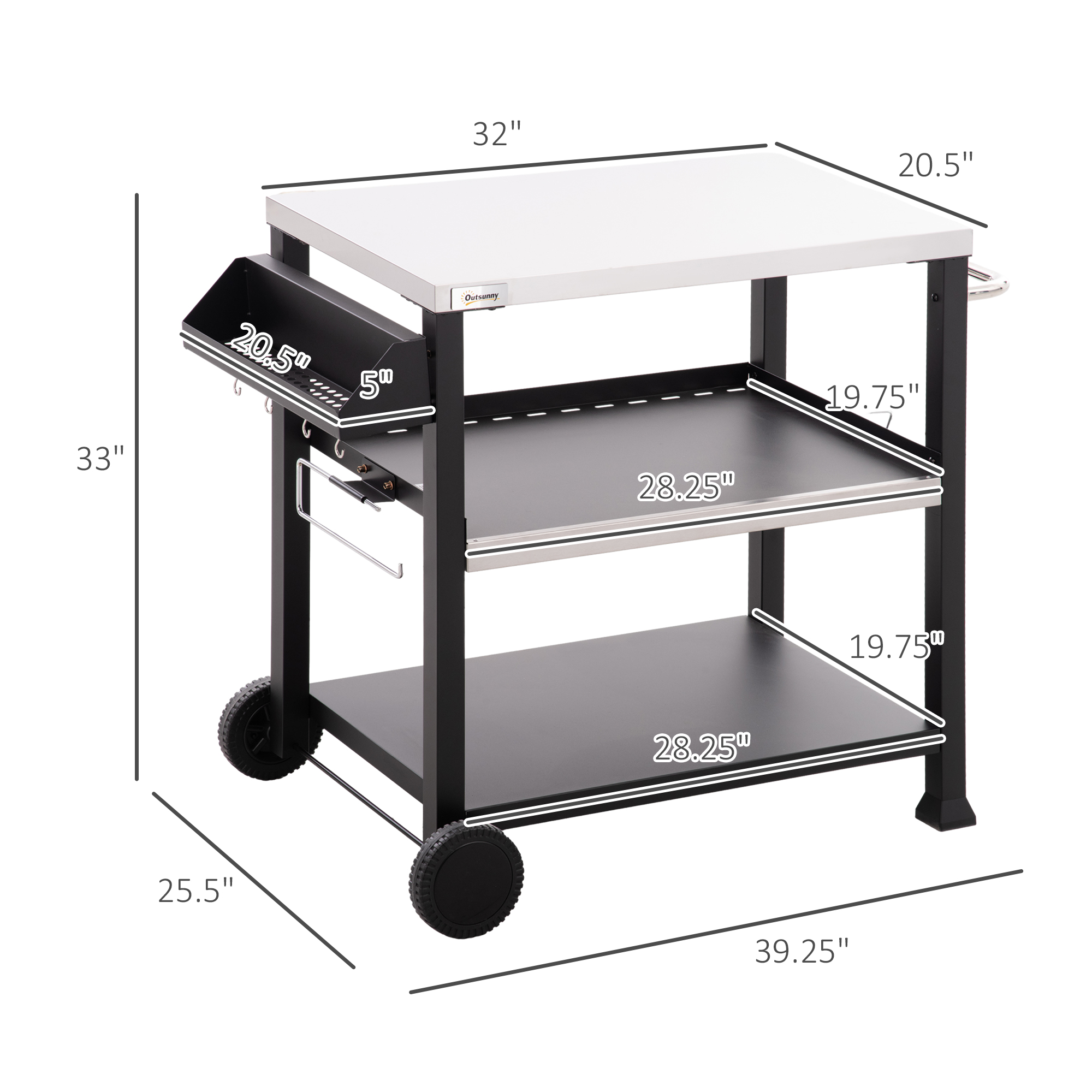 3-Shelf Outdoor Grill Cart Table with Side Handle, Stainless Steel Pizza Oven Stand on Wheels, Black - Image 6