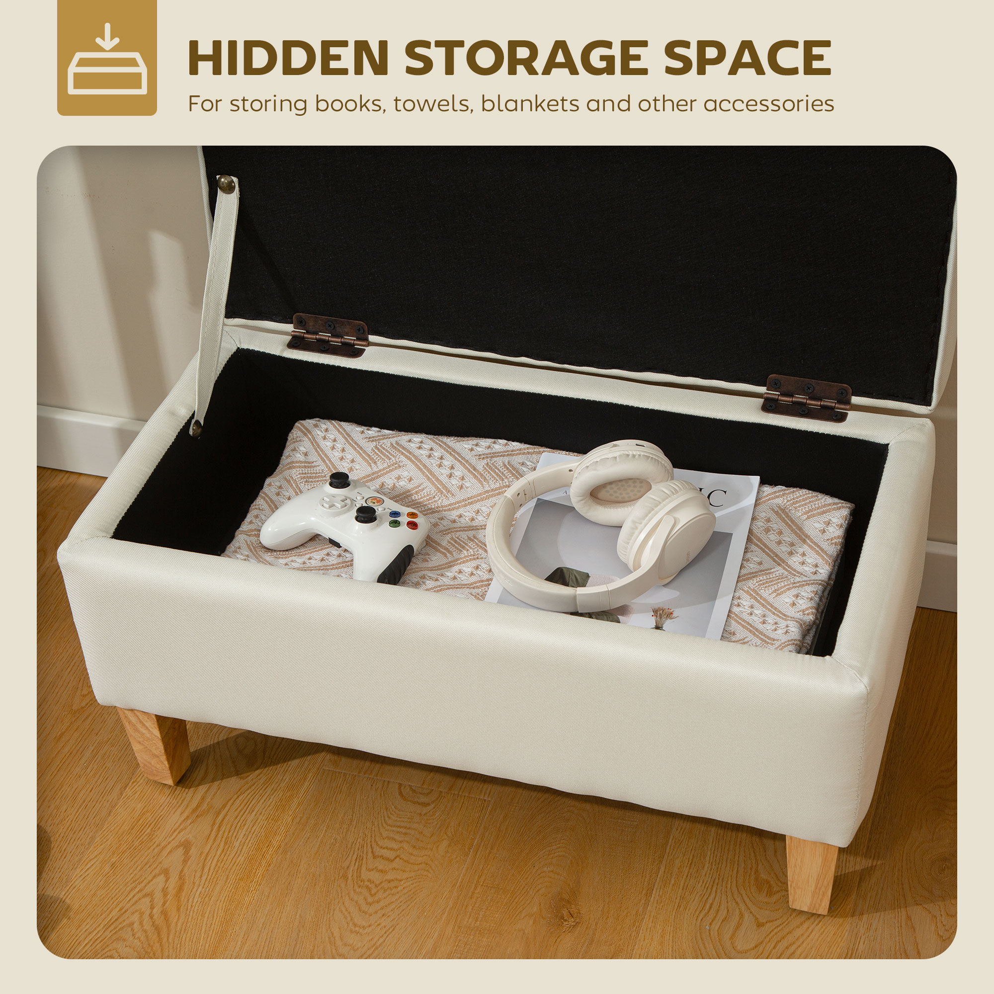 30L Linen Storage Ottoman Padded Footstool With Rubberwood Legs For Box, Bed — image 4