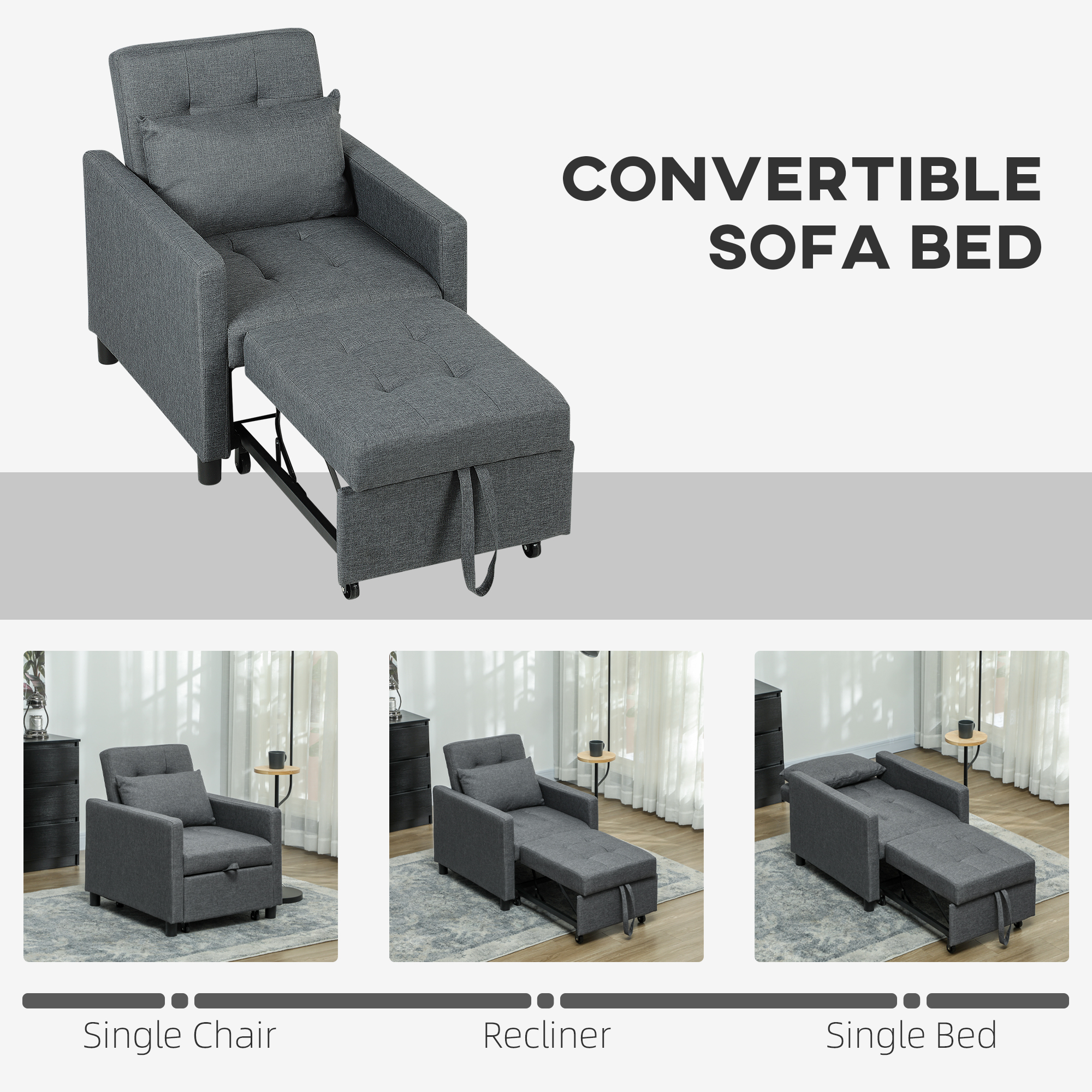 3-In-1 Chair Bed, Convertible Sleeper With Adjustable Backrest, Pillow — image 2