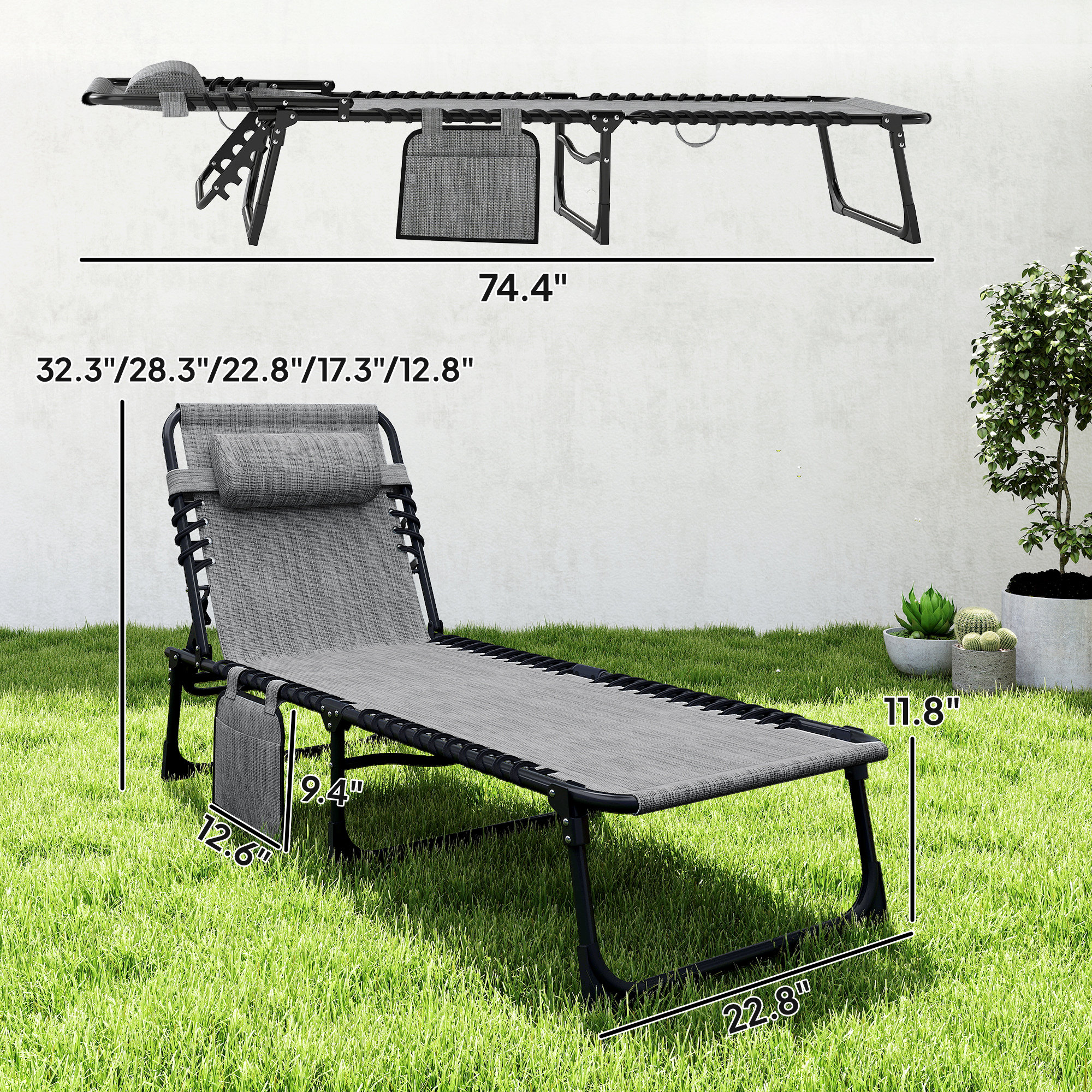  Chaise Lounge Chair Outdoor, 5-Position Adjustable Sun Tanning Chair with Carrying Handle and Side Pocket, Folding Bed Cot with Removable Pillow for Garden, Beach, Patio, Pool, Camp, Gray