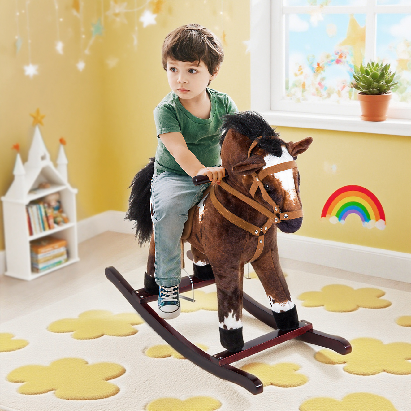 Kids Wooden Plush Ride-On Rocking Horse Chair Toy with Realistic