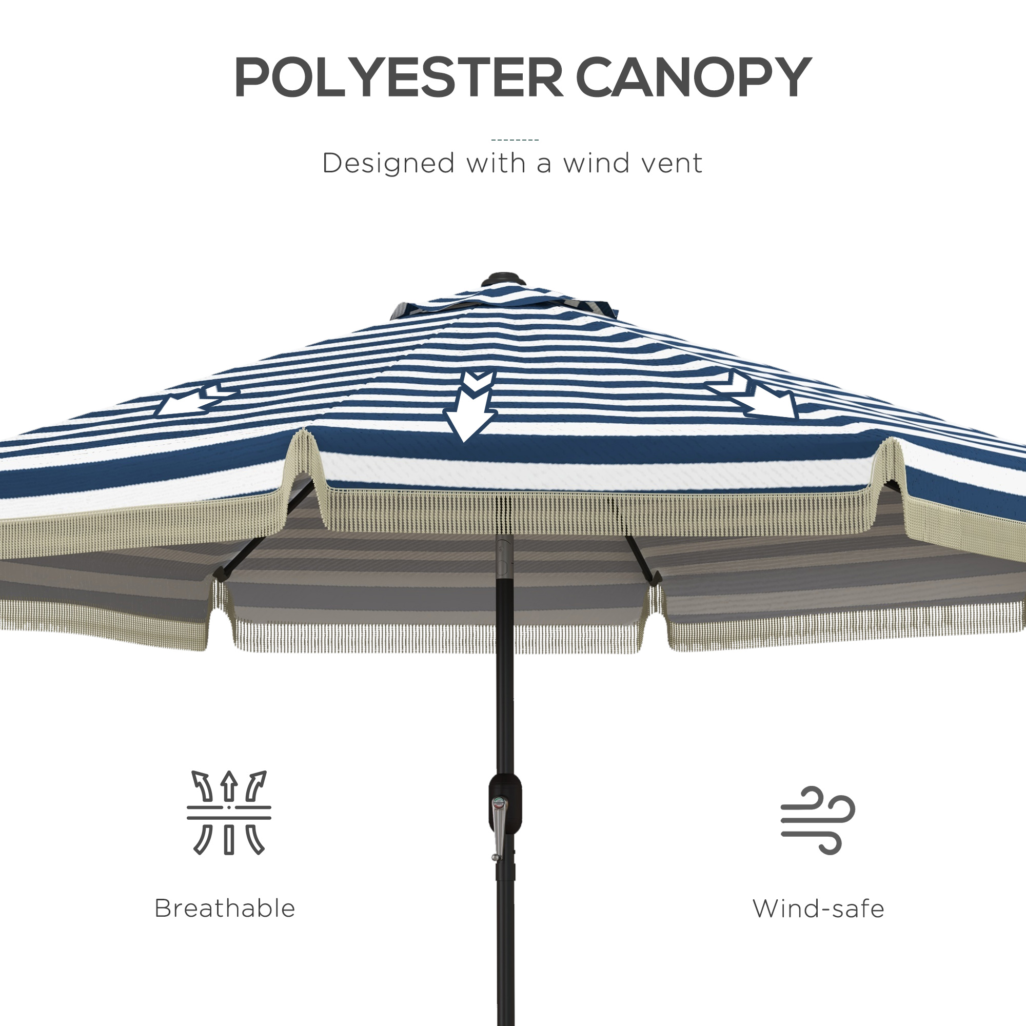 9ft Patio Umbrella Outdoor Table Umbrella w/ Tilt, Crank, Ruffled, 8 Ribs for Garden, Deck, Pool, Blue Stripe - Image 2