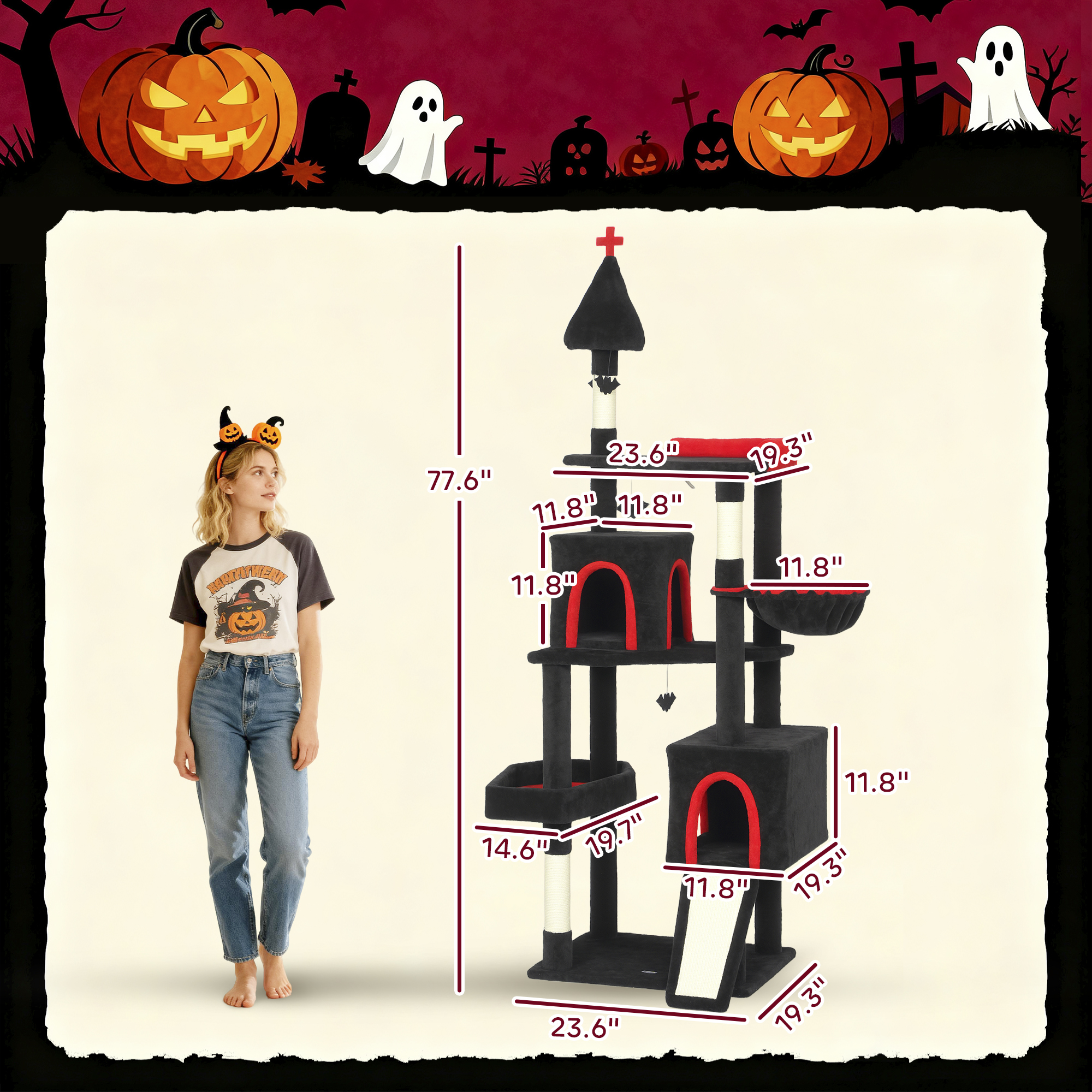  78" Gothic Cat Tree, Cat Tower with Coffin Bed, 2 Spacious Condos, Sisal Scratching Posts, Bat Hanging Balls, Halloween