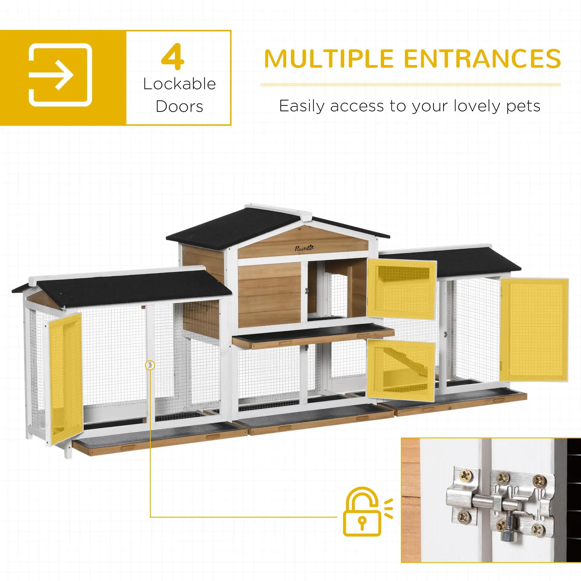 90.5" Wooden Rabbit Hutch Bunny Cage Pet Playpen House Enclosure with Double Side Run Boxes, No Leak Tray, Ramp, for Rabbits, Chickens, Ducks, Guinea Pig and Sm