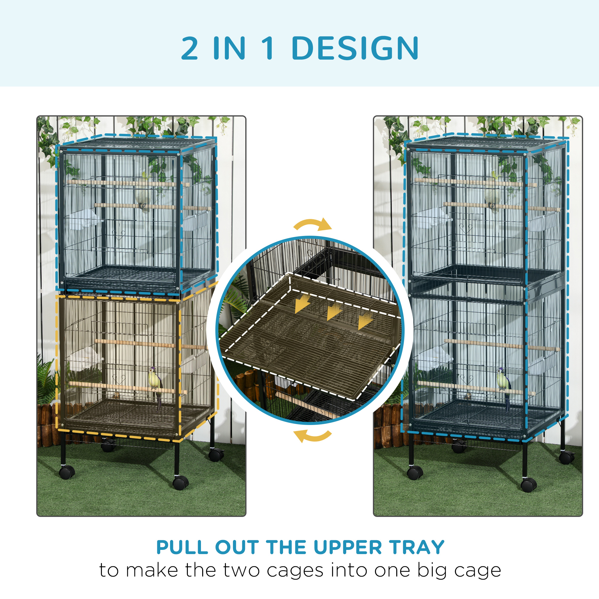  55" 2 In 1 Bird Cage Aviary Parakeet House for finches, budgies with Wheels, Black