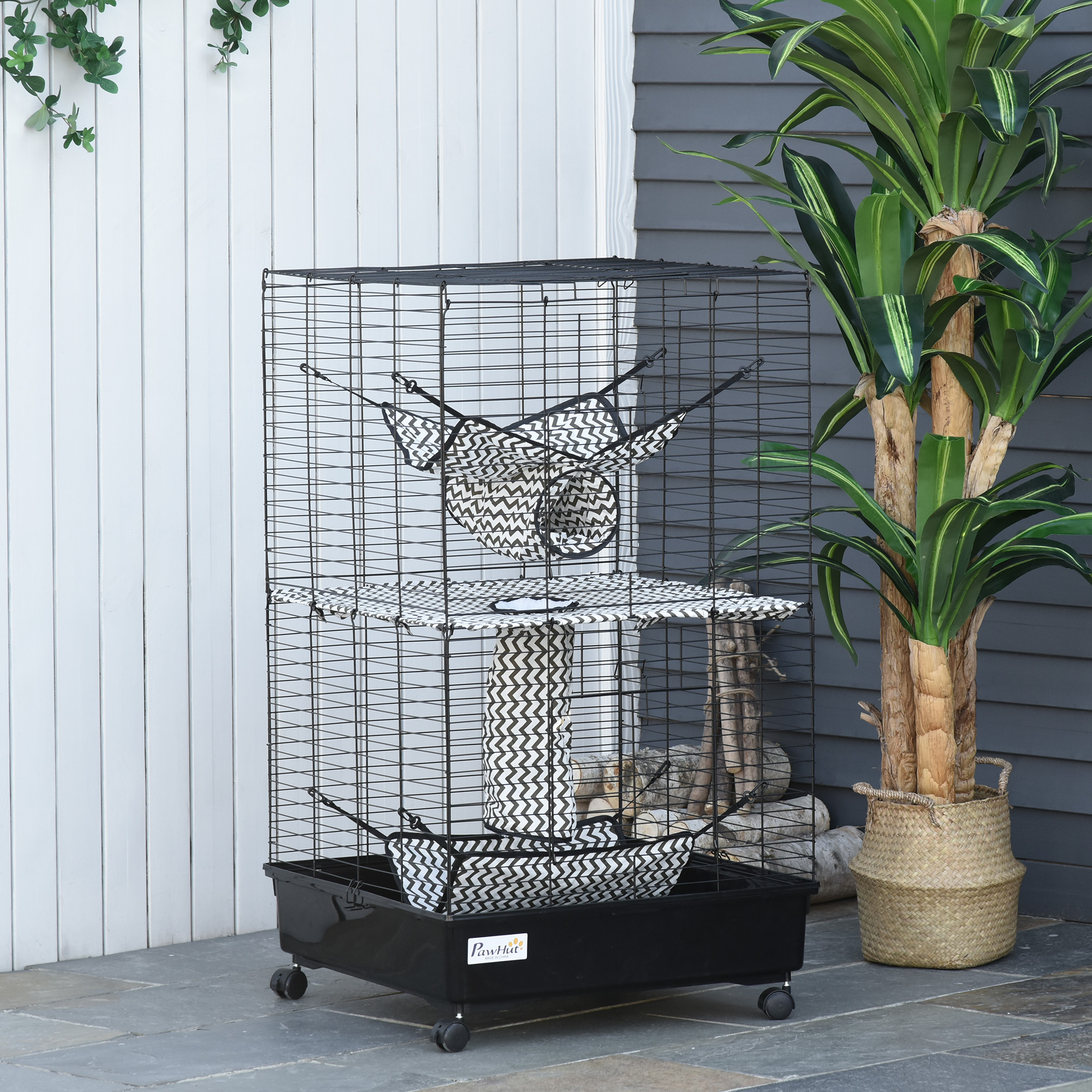  42" Ferret Cage, Small Animal Habitat Metal Pet Cage with Wheels Brakes, Hammocks, Hanging Tunnels, and 3 Doors, Black