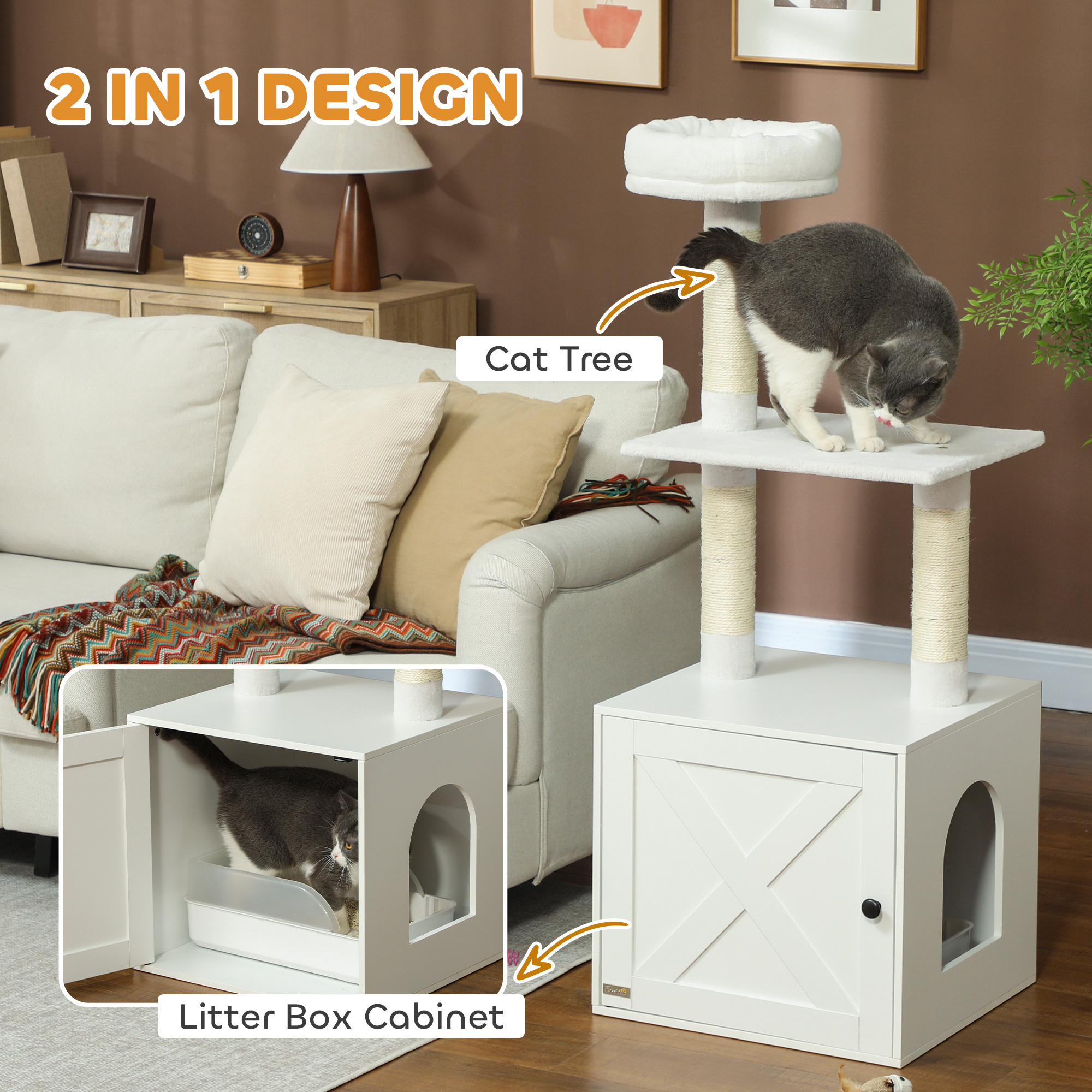  Cat Tree with Litter Box Enclosure, Scratching Posts, Bed, Climbing Platforms for Indoor Cats, White