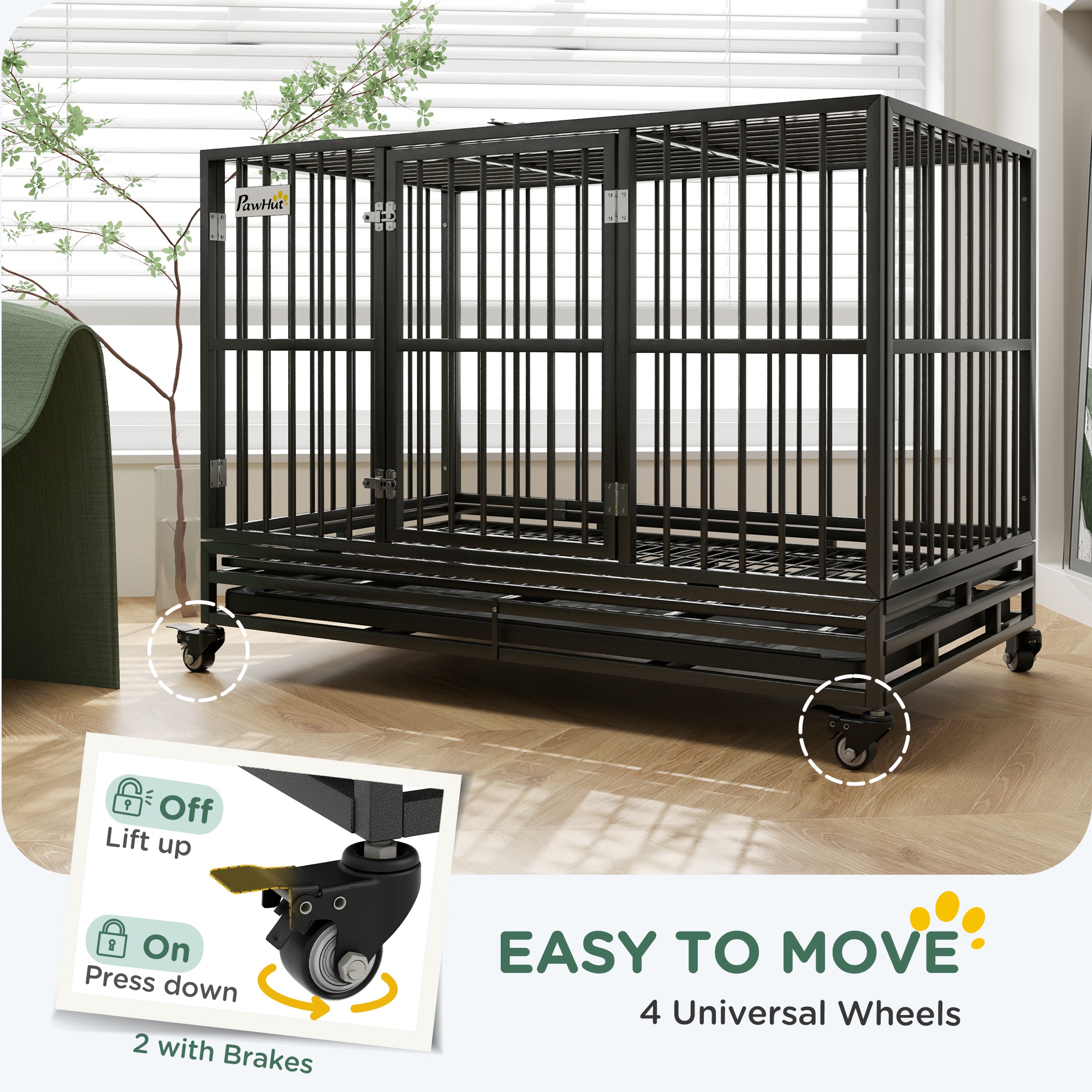  48" Heavy Duty Dog Crate Metal Cage Kennel with Lockable Wheels, Double Door and Removable Tray, gray