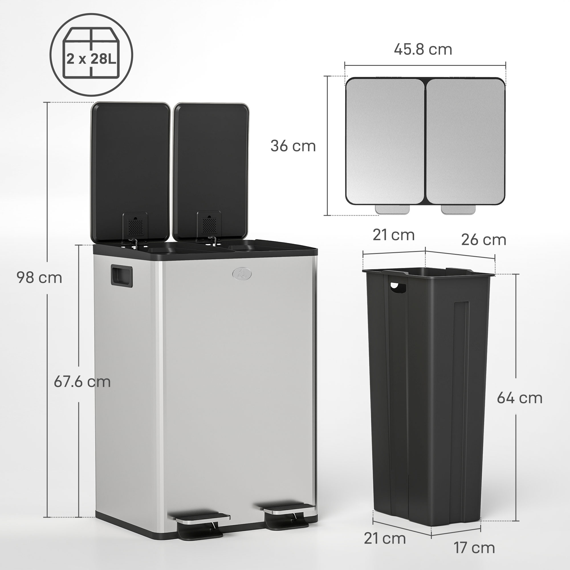 56L Dual Compartment Stainless Steel Bin, With Deodoriser Holders - Silver Tone — image 3