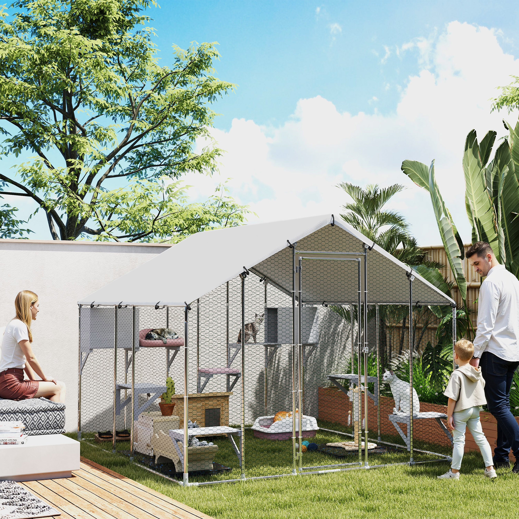  94.5" Extra Large Metal Outdoor Catio with Waterproof Cover, 2 Resting Boxes, 7 Jumping Platforms, for Multiple Cats