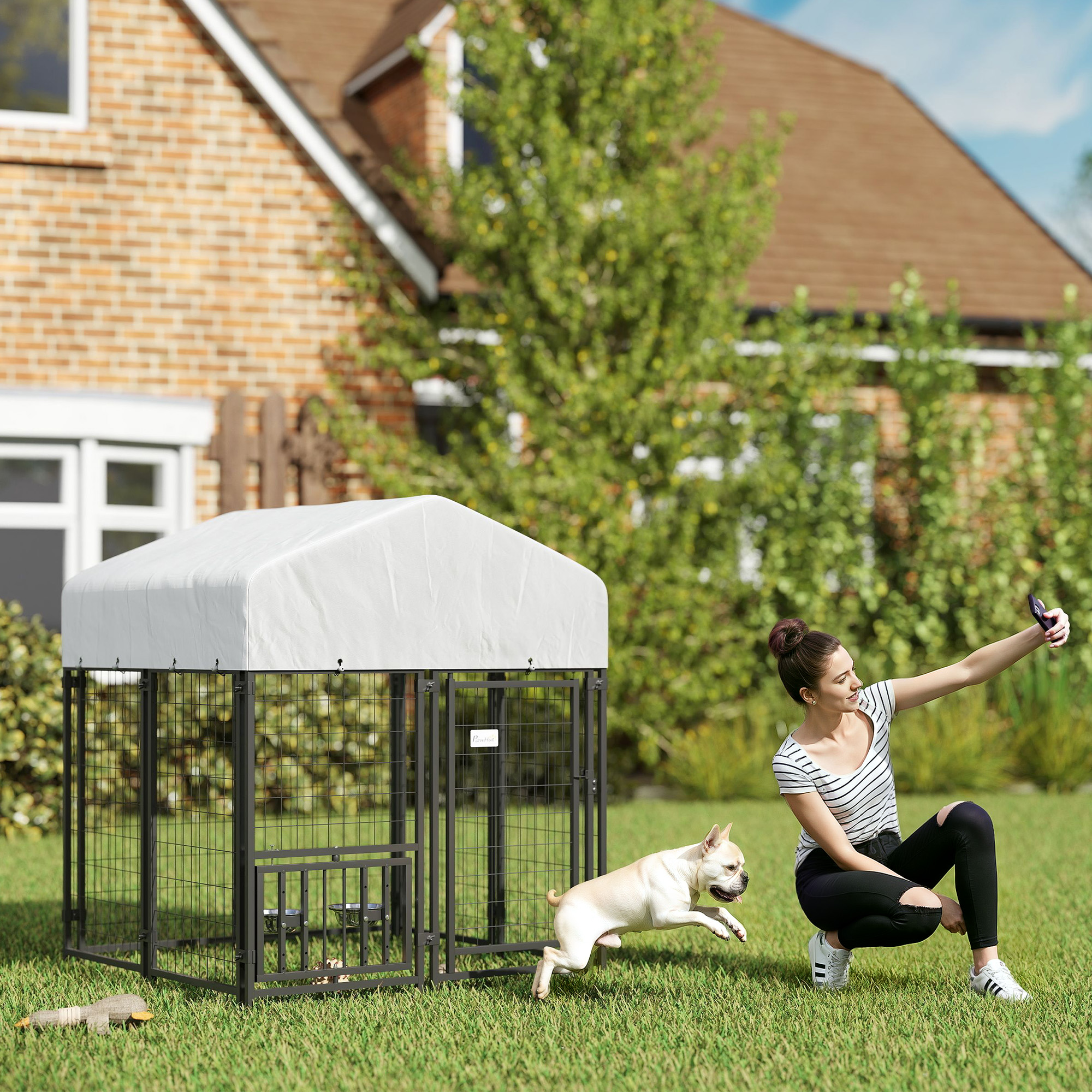  Welded Wire Outdoor Dog Kennel with 360° Rotating & 4 Levels Adjustable Bowls, Waterproof Cover, 3.9' x 3.9' x 4.5'