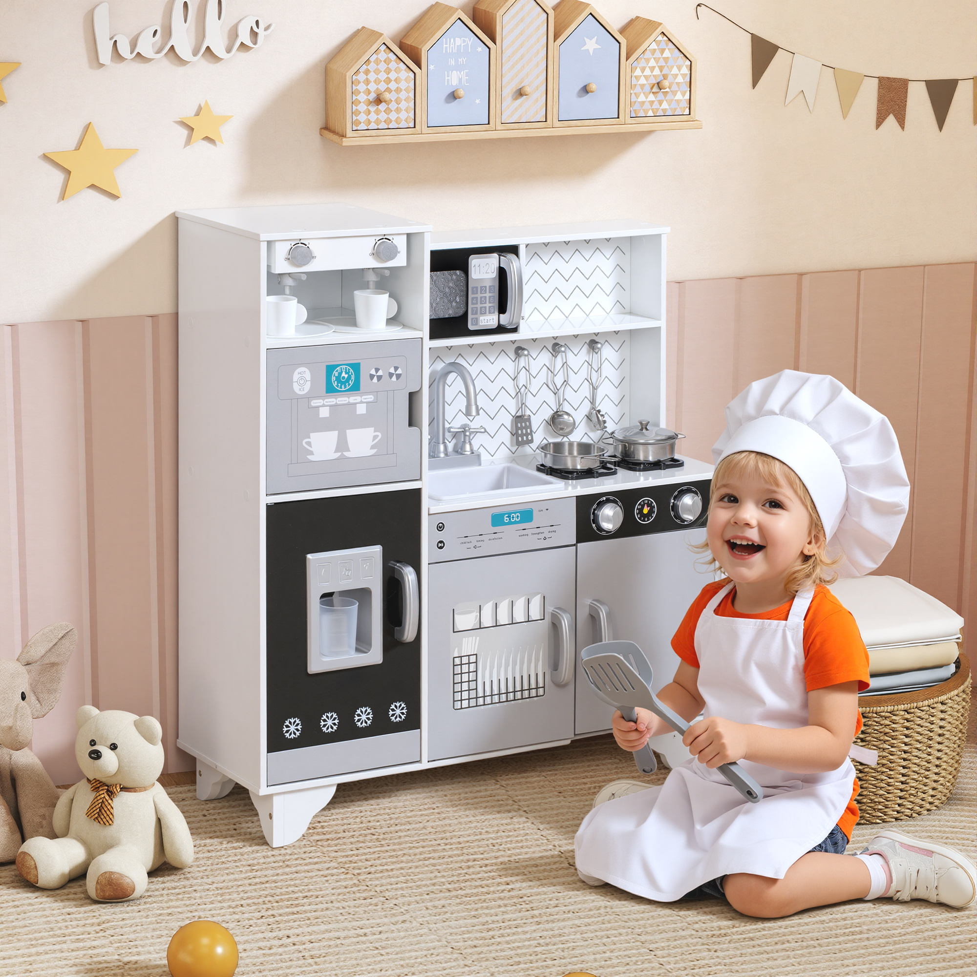 Kids Play Kitchen With Sound, Ice/Coffee Maker, Utensils, Microwave, Stainless — image 3