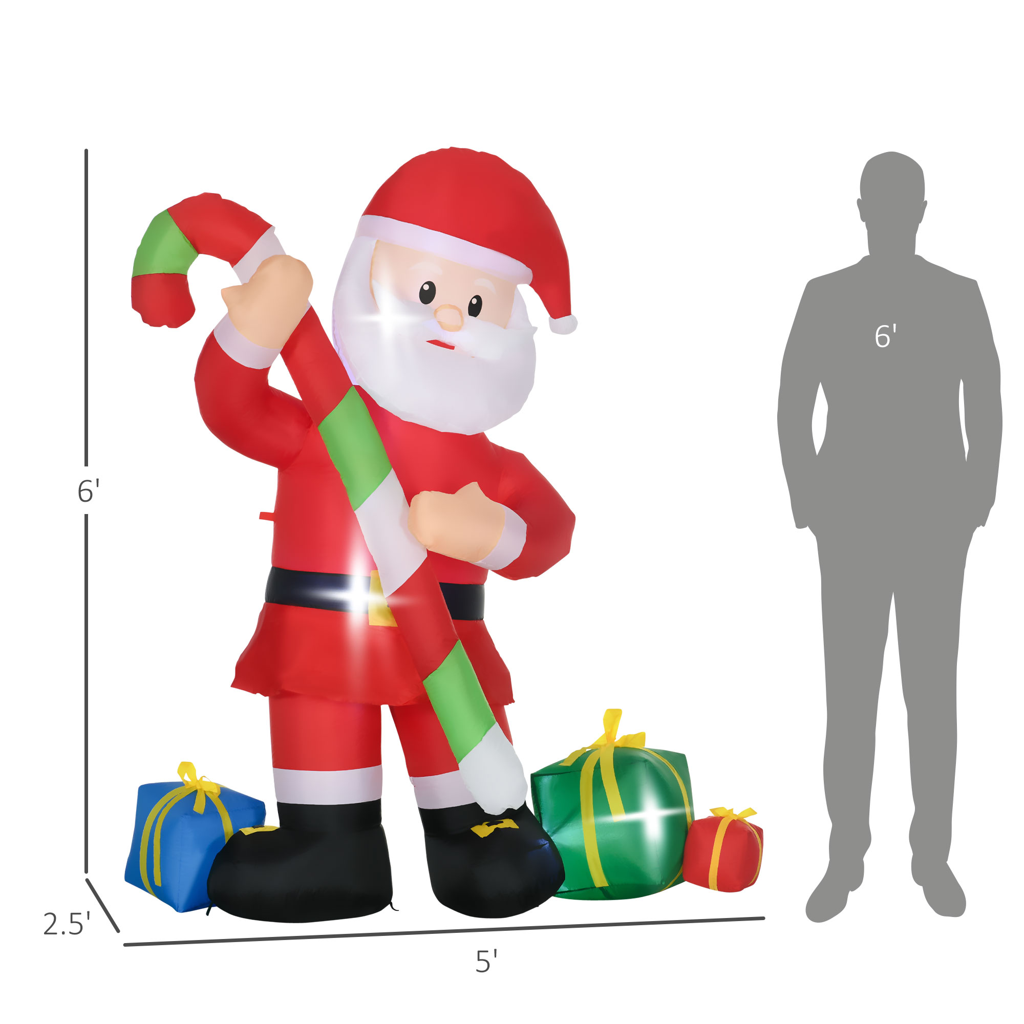  6ft Christmas Inflatables Outdoor Decorationss Decorations Santa Claus with Candy Cane, Blow-Up LED Yard Christmas Decor