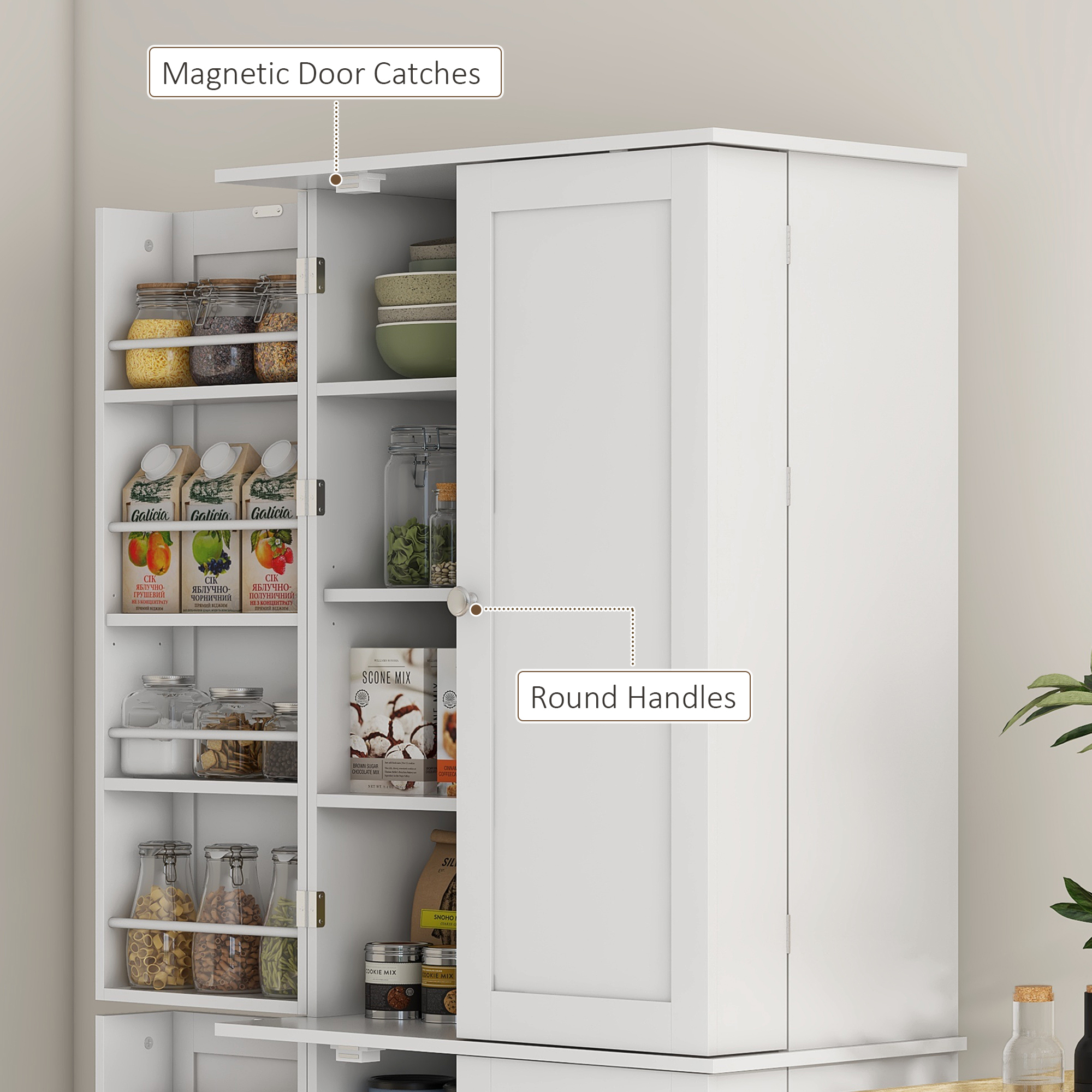 65" Kitchen Cabinet, Kitchen Pantry Cabinet with 4 Doors and 16 Door Shelves for Dining Room, White - 7