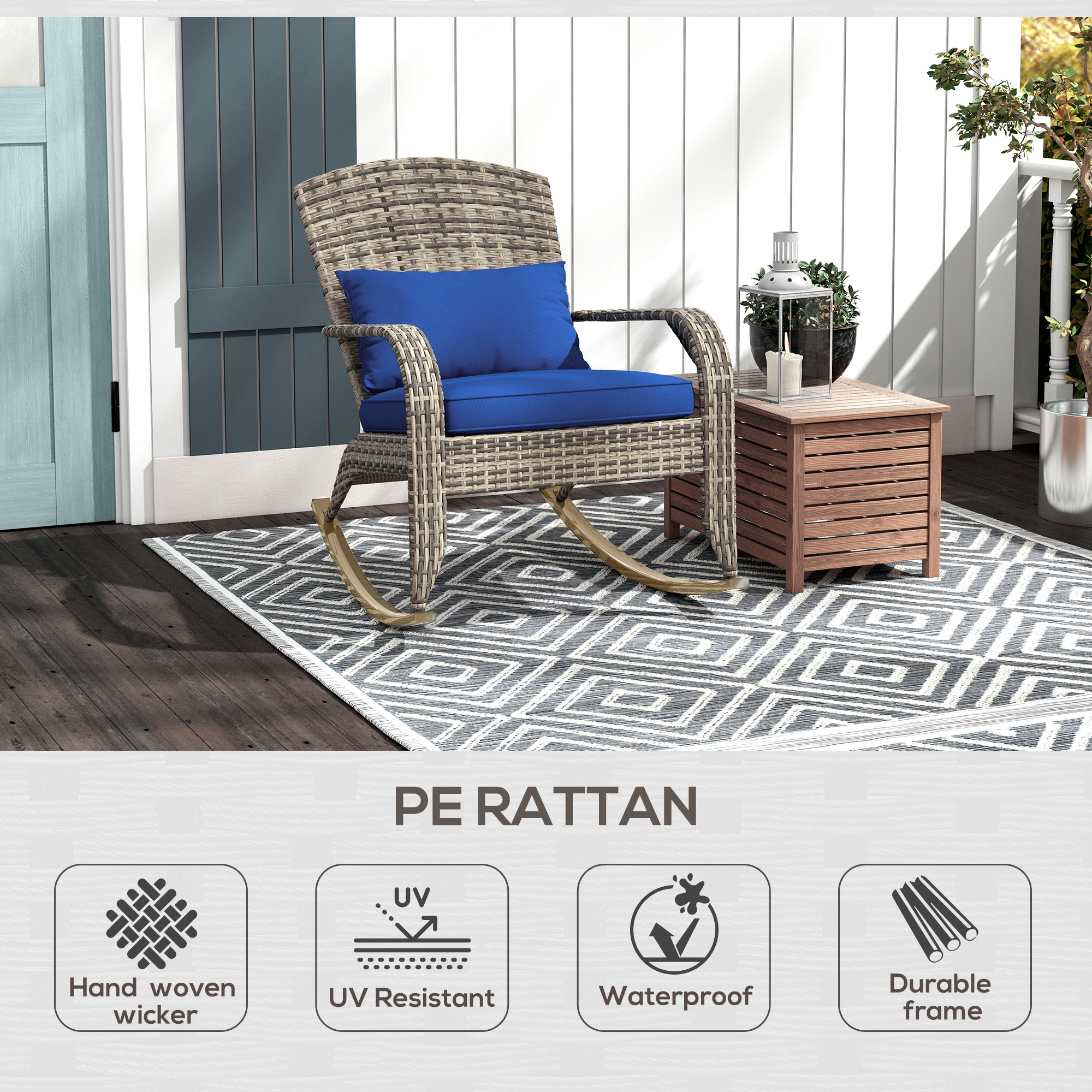  Adirondack Chair, Outdoor Wicker Rocking Chair with High Back, Seat Cushion, and Pillow for Porch, Balcony, Dark Blue