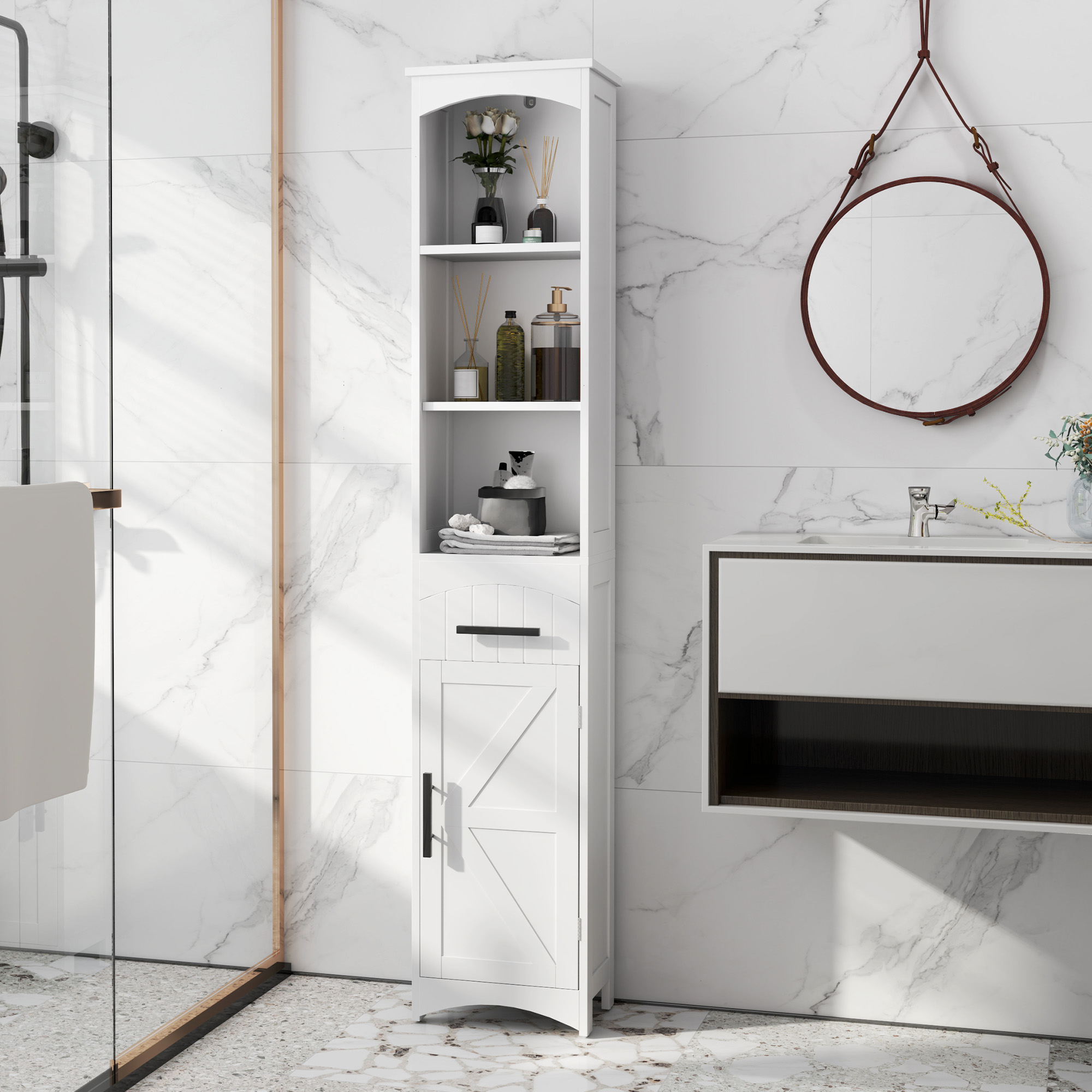  Farmhouse Tall Slim Bathroom Storage Cabinet with Recessed Drawer, Narrow Cabinet with Barn Door, White