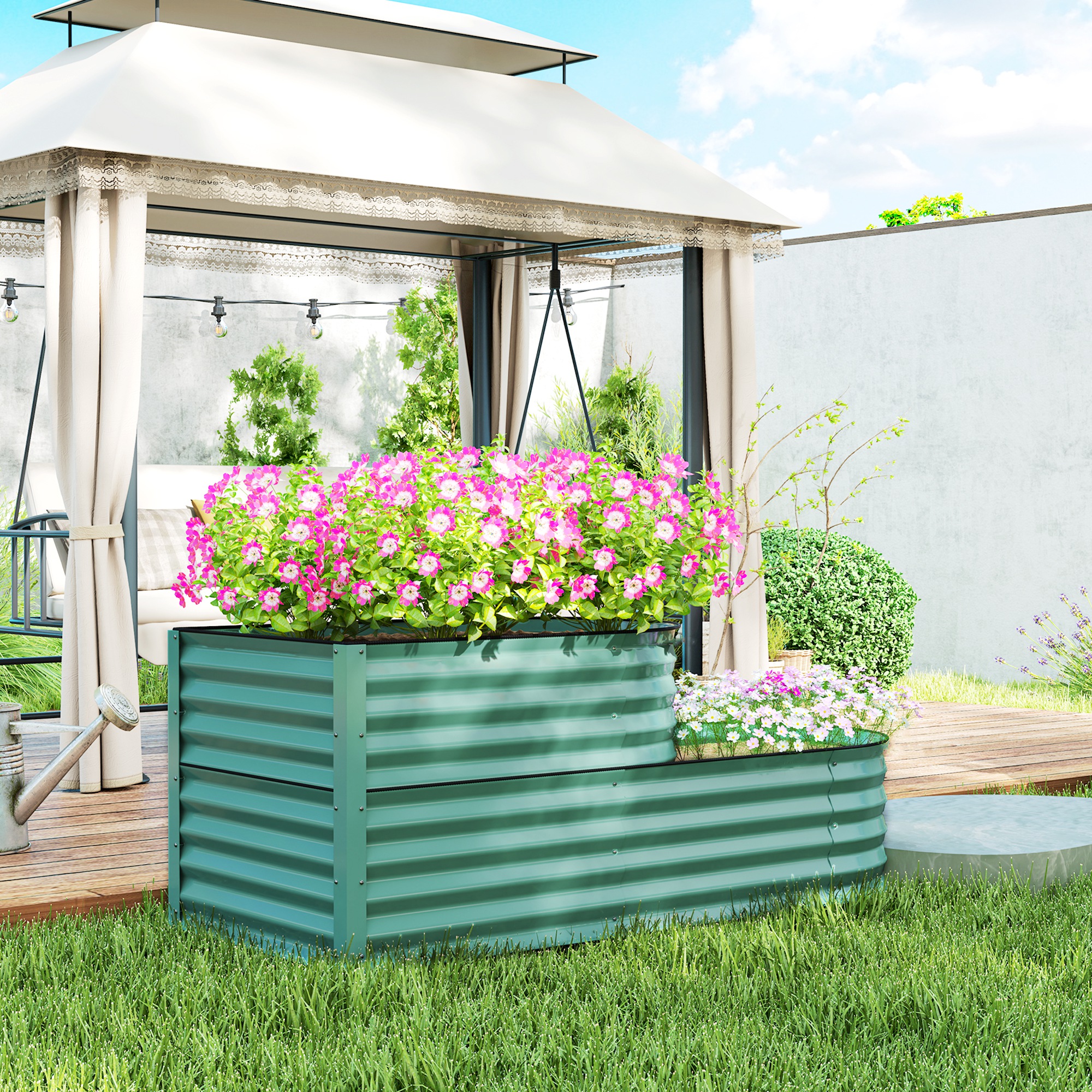 Gardener tending to plants in a two-tier raised metal garden bed on a patio
